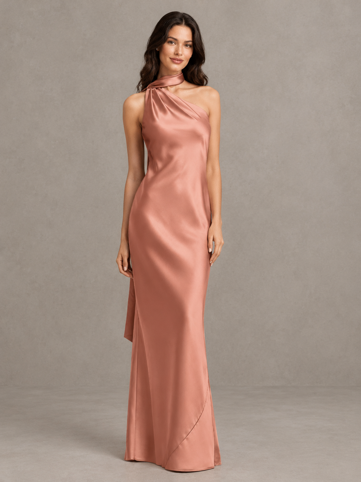 BOLODOO Dusty Rose Satin One-Shoulder Bridesmaid Dress with Open Back 