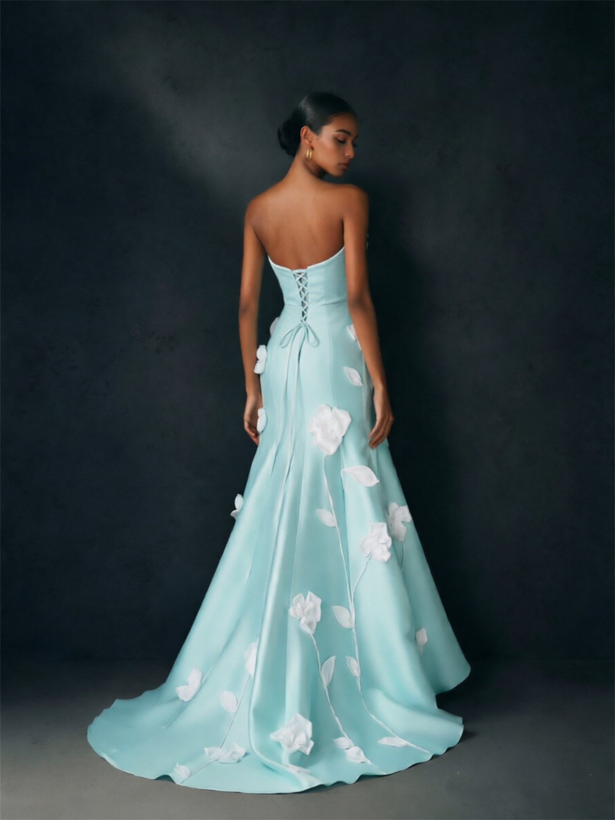 BOLODOO mint green 3D floral gown - back view showing lace-up corset back and floor-sweeping train