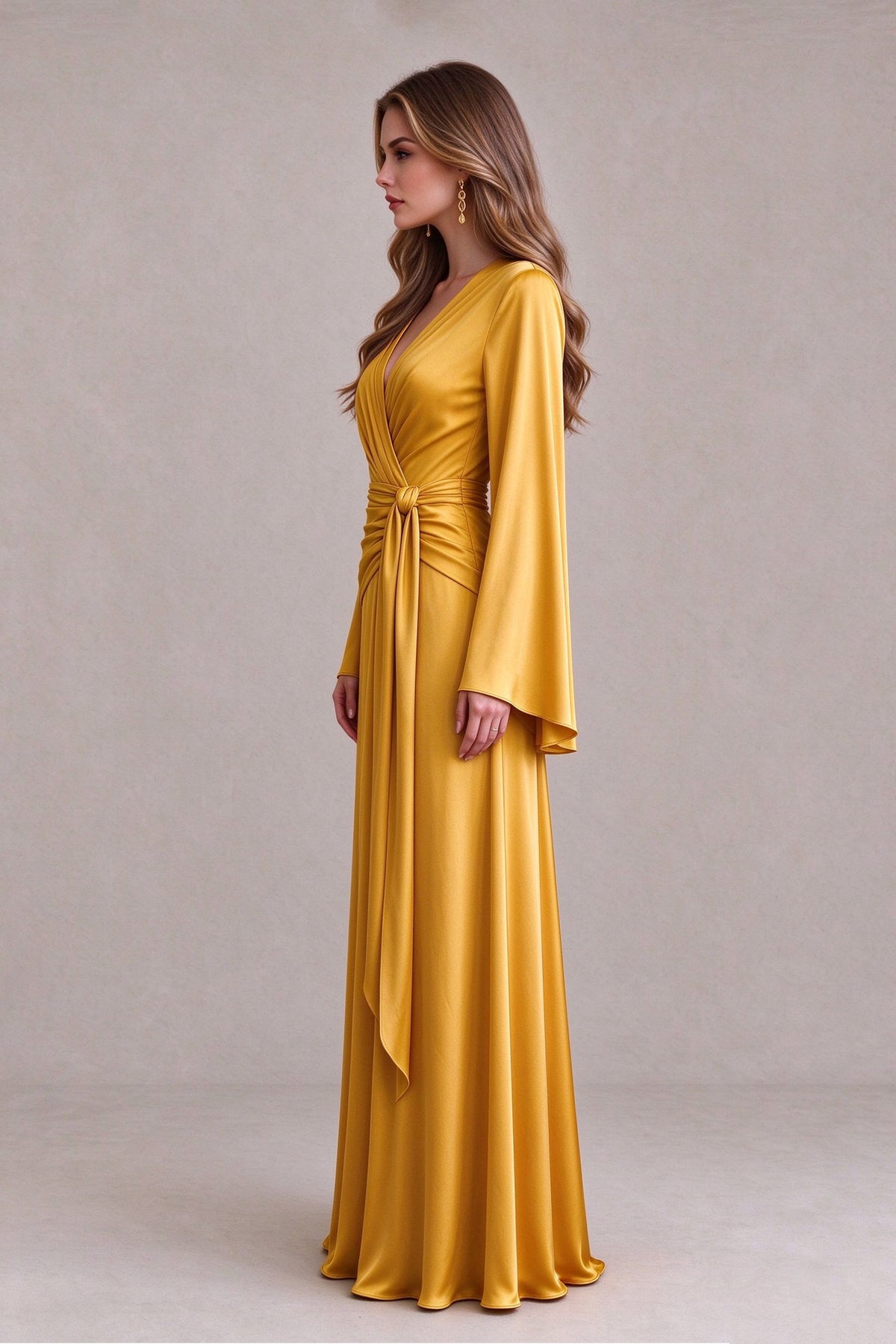 BOLODOO golden yellow floor-length evening dress with ruched waist and cascading front drape, straight front view