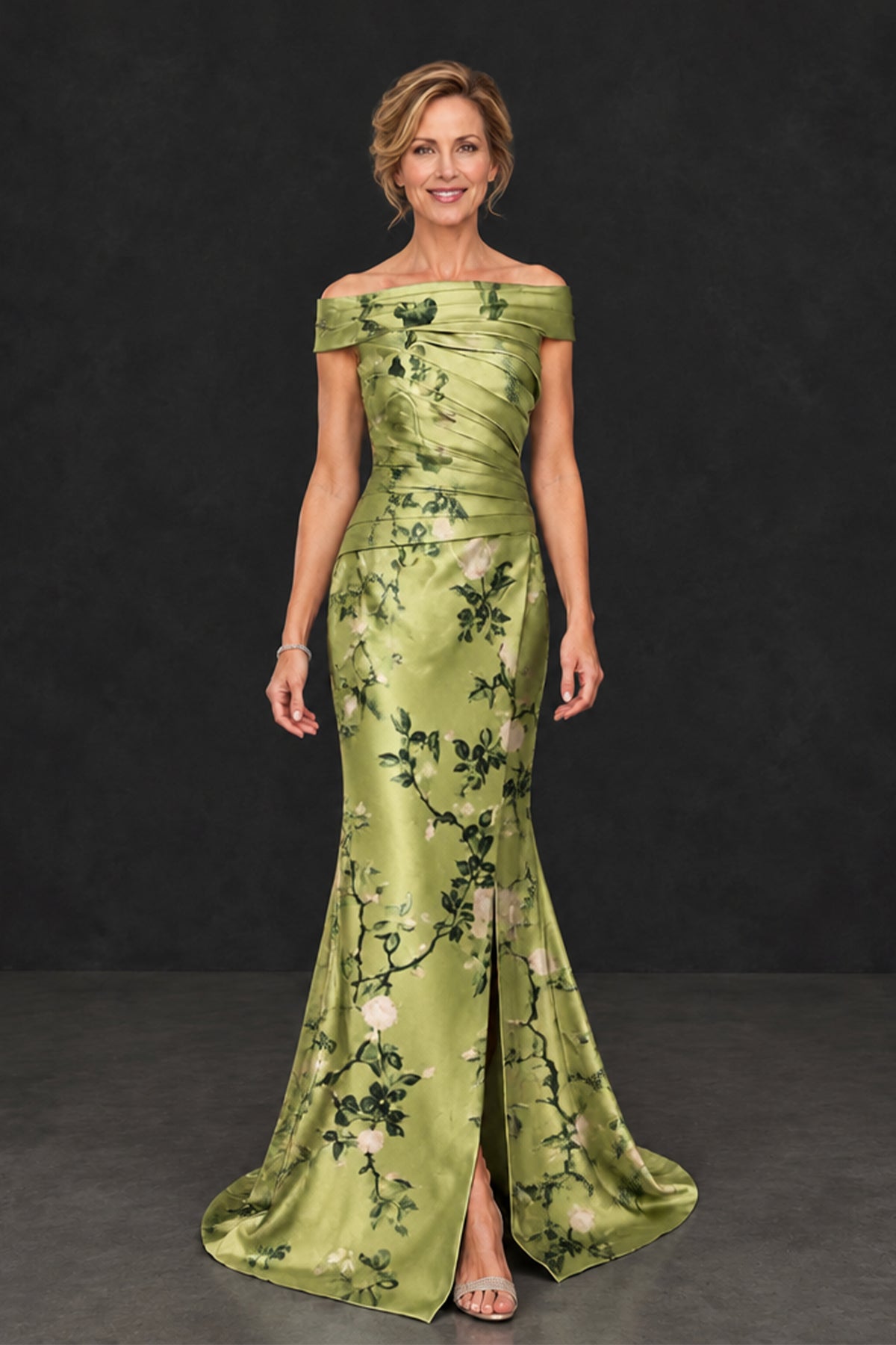 BOLODOO green floral floor-length gown with ruched bodice and short off-shoulder sleeves, front styling view
