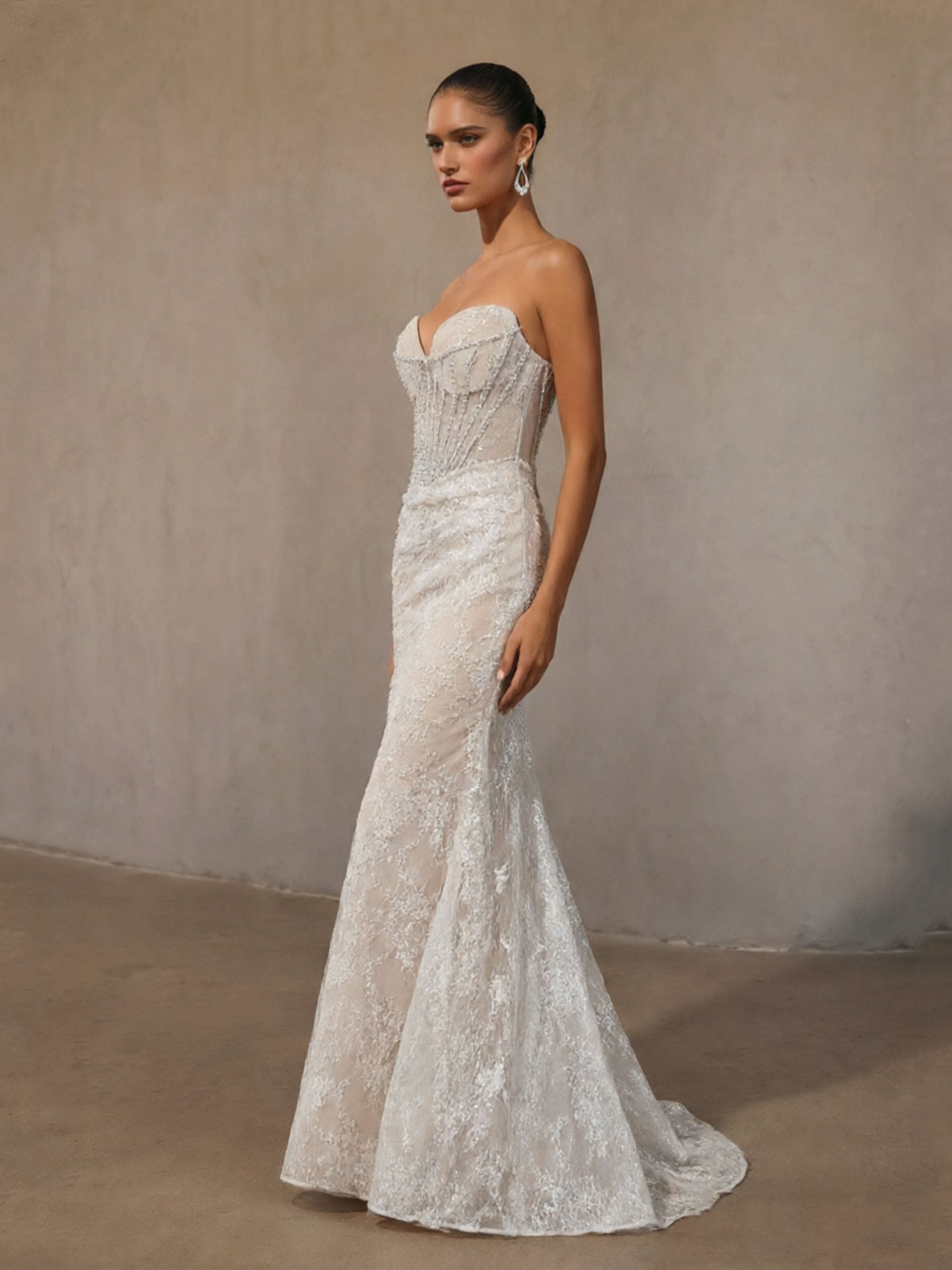 BOLODOO White Floral Glitter Sequin Lace Sweetheart Sheer Pearl Crystal Boned Corset Low Open Back Mermaid Wedding Dress - Front Upper Body Close-up Showing Sweetheart Neckline and Pearl Crystal Boned Corset Detail