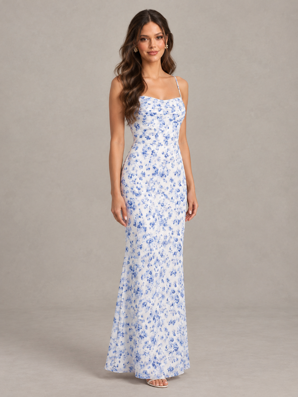Blue Floral Bridesmaid Dress with Crisscross Open Back 
