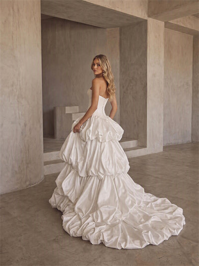 BOLODOO Ivory Strapless Sweetheart Boned Corset Bubble Skirt Wedding Gown with High Slit and Train 
