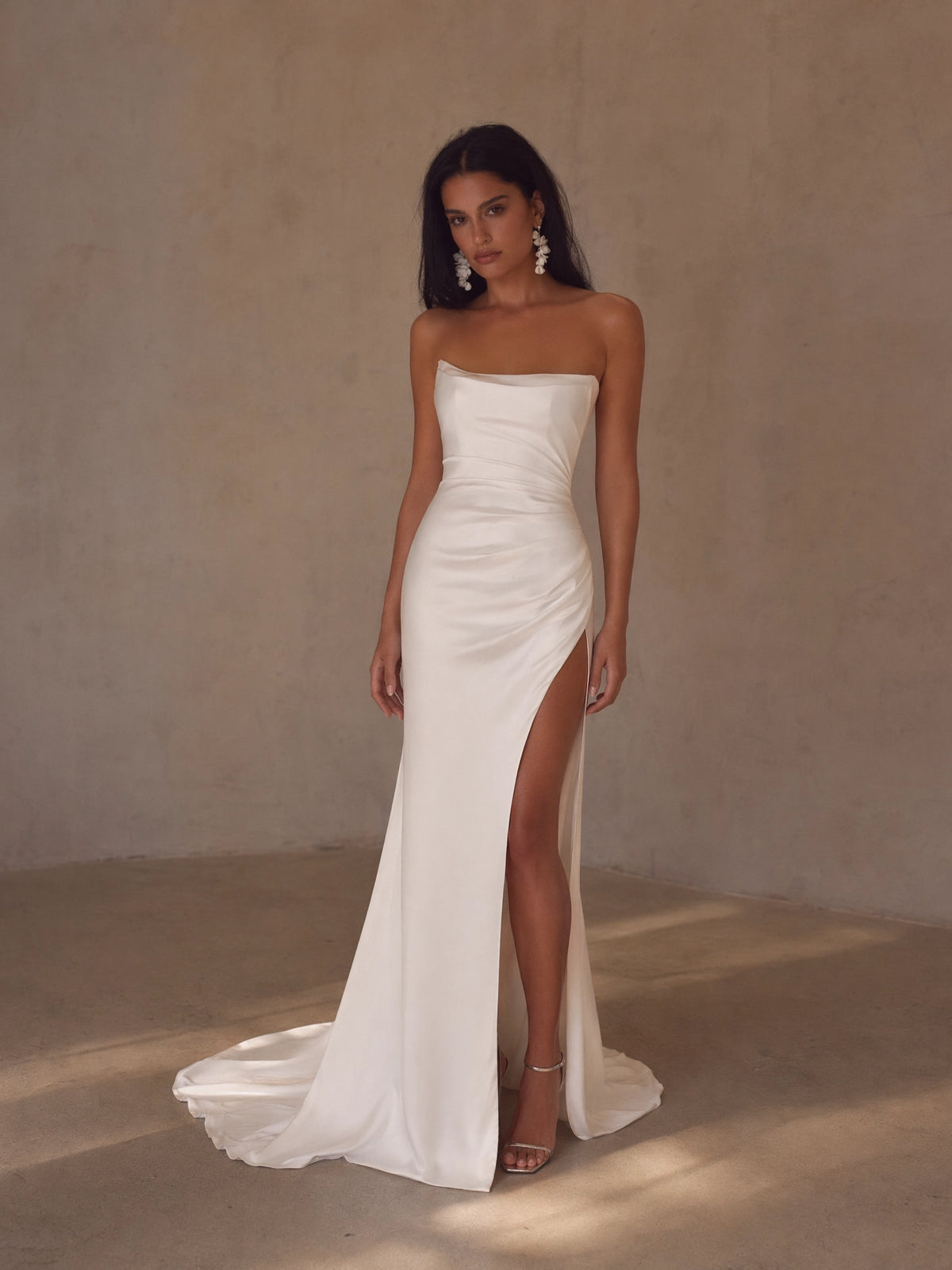 BOLODOO White Strapless Straight Neck Ruched Satin Mermaid Wedding Gown - full front view with high slit