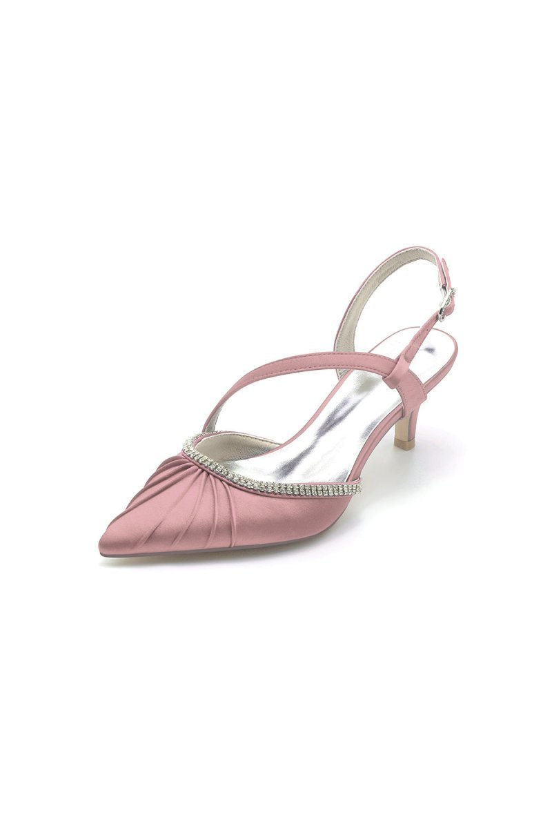 Satin Pointed Toe Slingback Heels with Rhinestone - BOLODOO