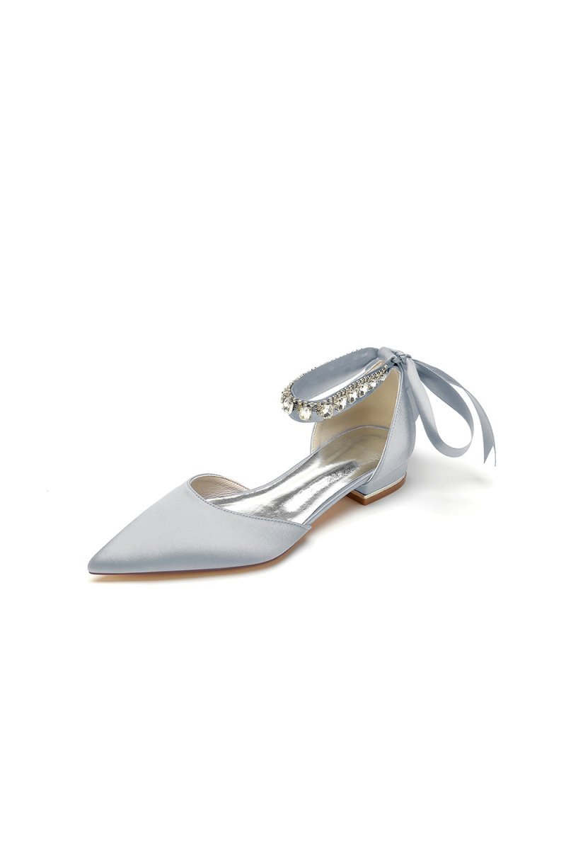 Rhinestone Ribbon Pointed Toe Ankle Strap Kitten Heels - BOLODOO