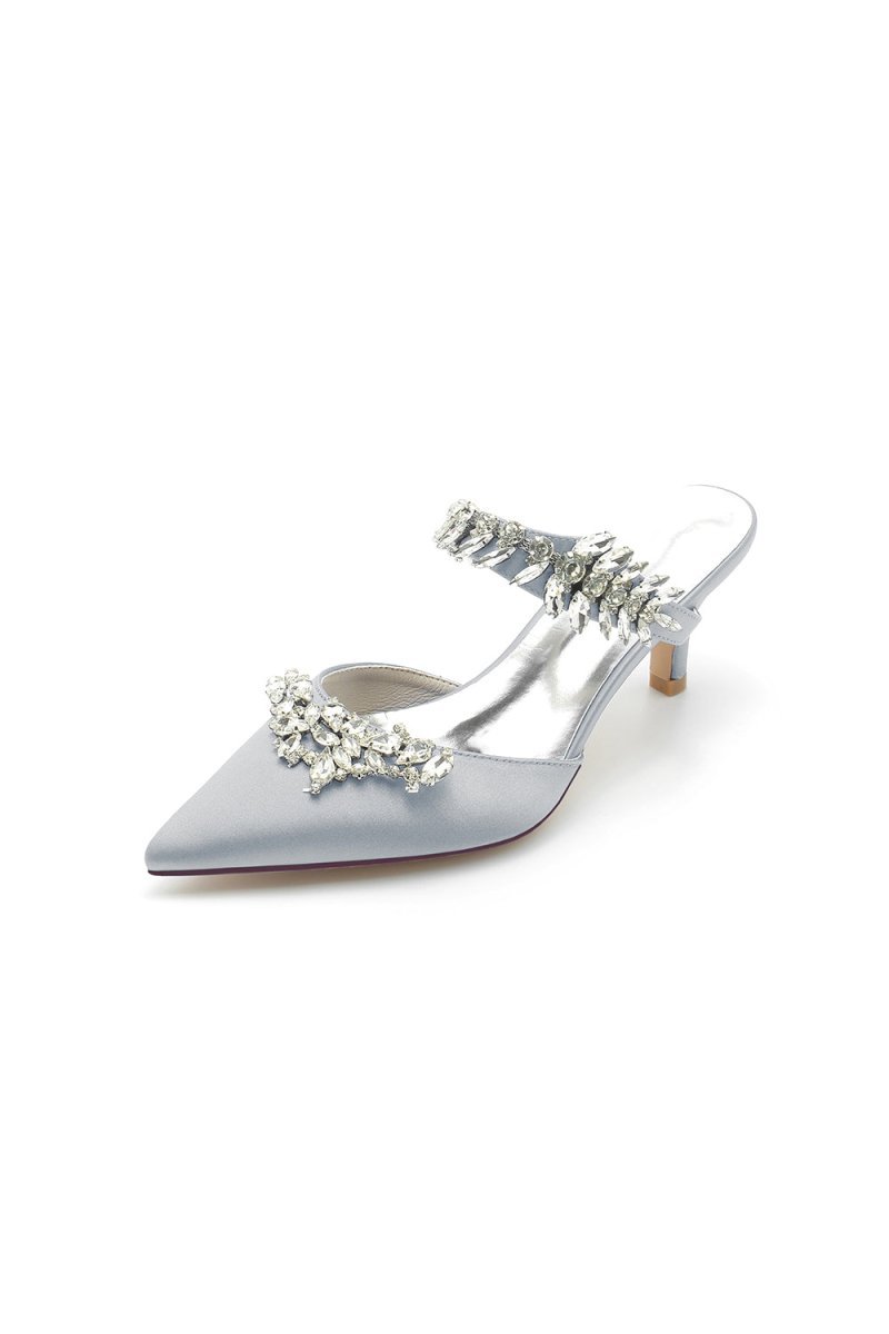 Satin Pointed Toe Mules with Crystal Rhinestone - BOLODOO