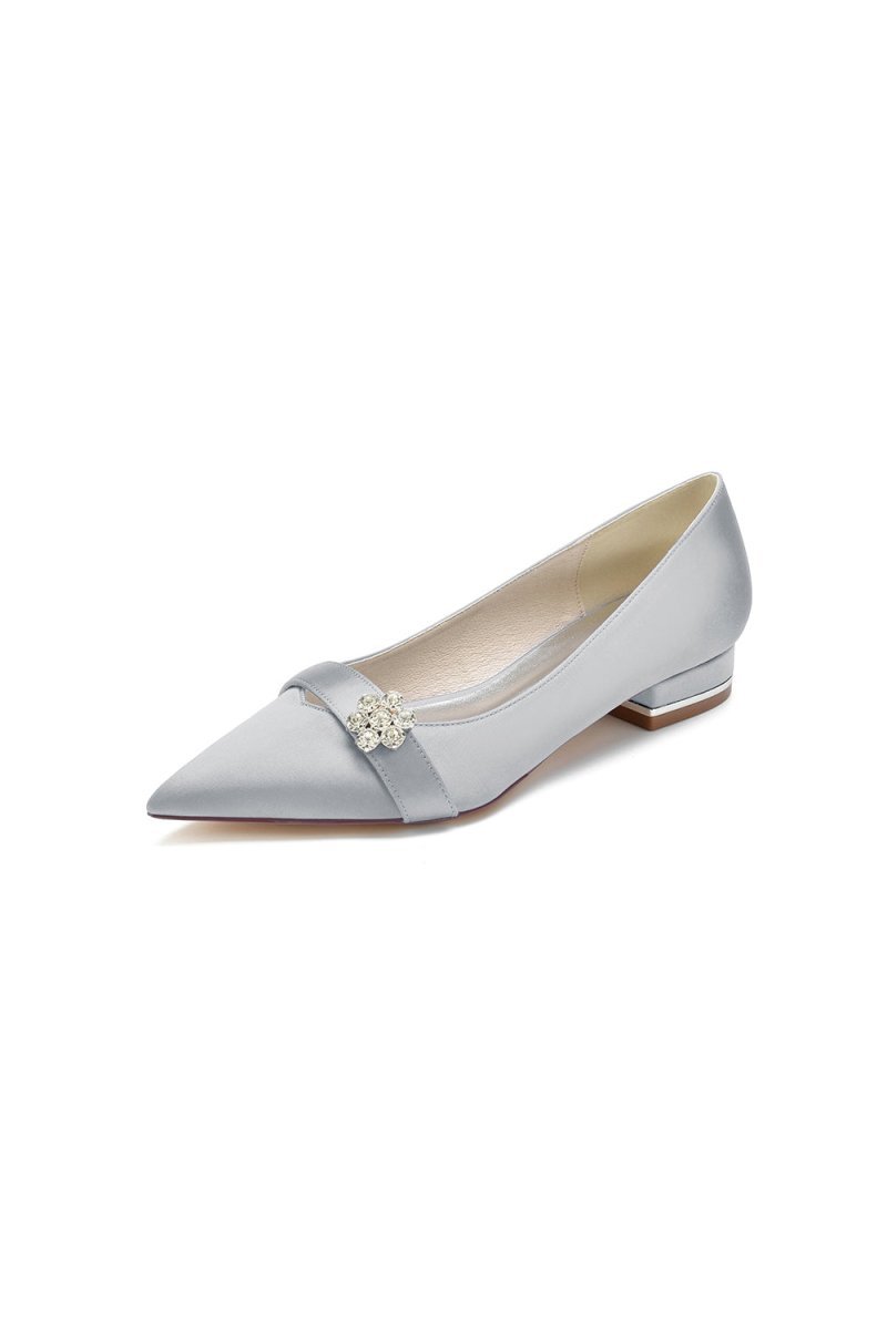 Satin Pointed Toe Floral Beading Kitten Heels - BOLODOO