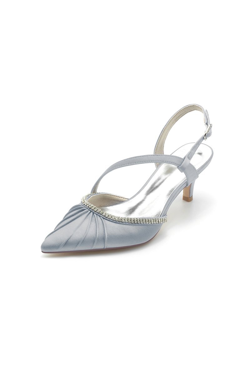 Satin Pointed Toe Slingback Heels with Rhinestone - BOLODOO