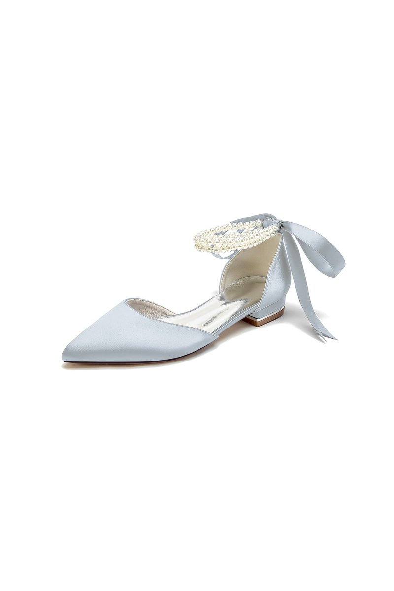Pointed Toe Pearl Ribbon Ankle Strap Kitten Heels - BOLODOO