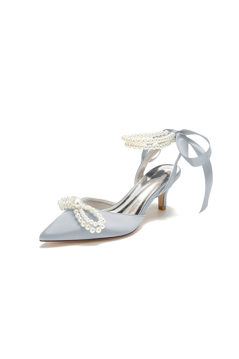 Pearl Ribbon Pointed Toe Ankle Strap High Heels - BOLODOO