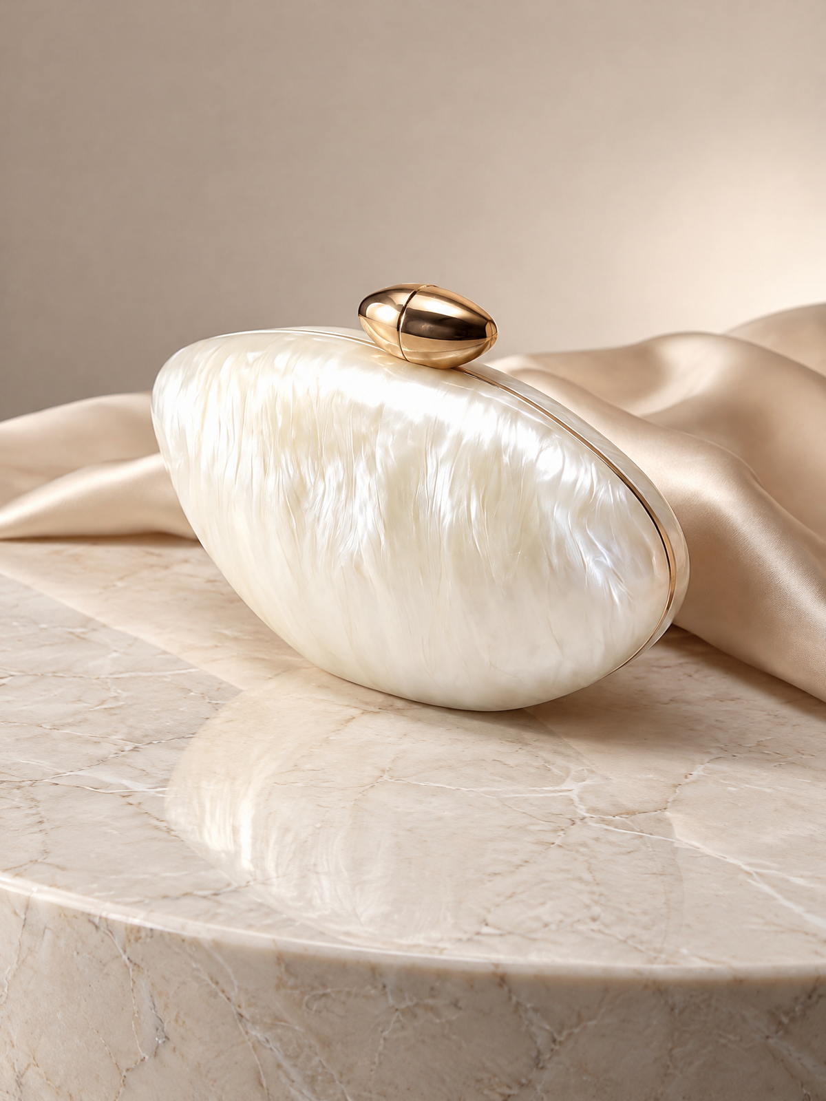BOLODOO Ivory Pearlescent Oval Clutch with Gold-Tone Clasp 