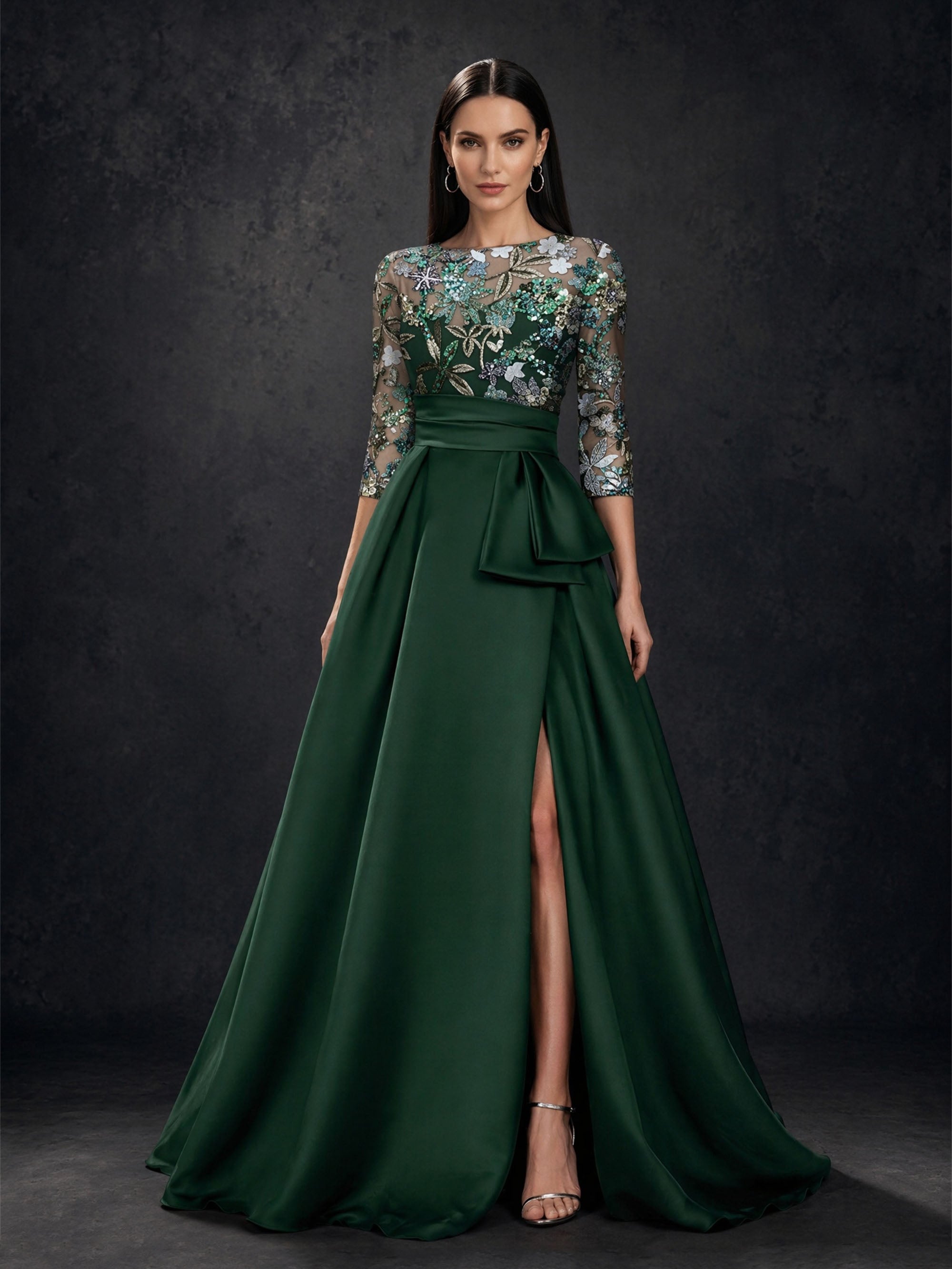 BOLODOO Emerald Green Sequin Illusion Bodice Satin A-Line Gown – Front View Full Length with Front Slit