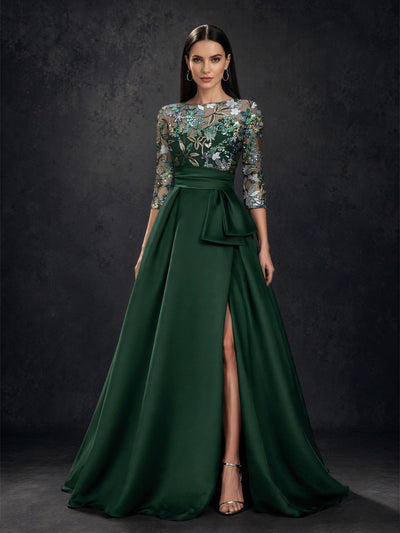 BOLODOO Emerald Green Sequin Illusion Bodice Satin A-Line Gown – Front View Full Length with Front Slit