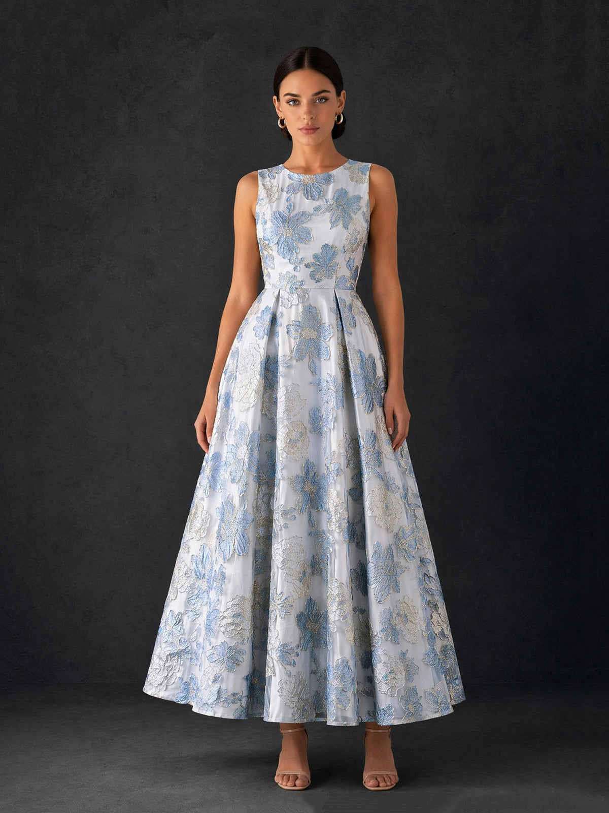 BOLODOO Ice Blue Sleeveless Floral Jacquard Midi Dress – A-Line Tea Length Brocade Formal Gown