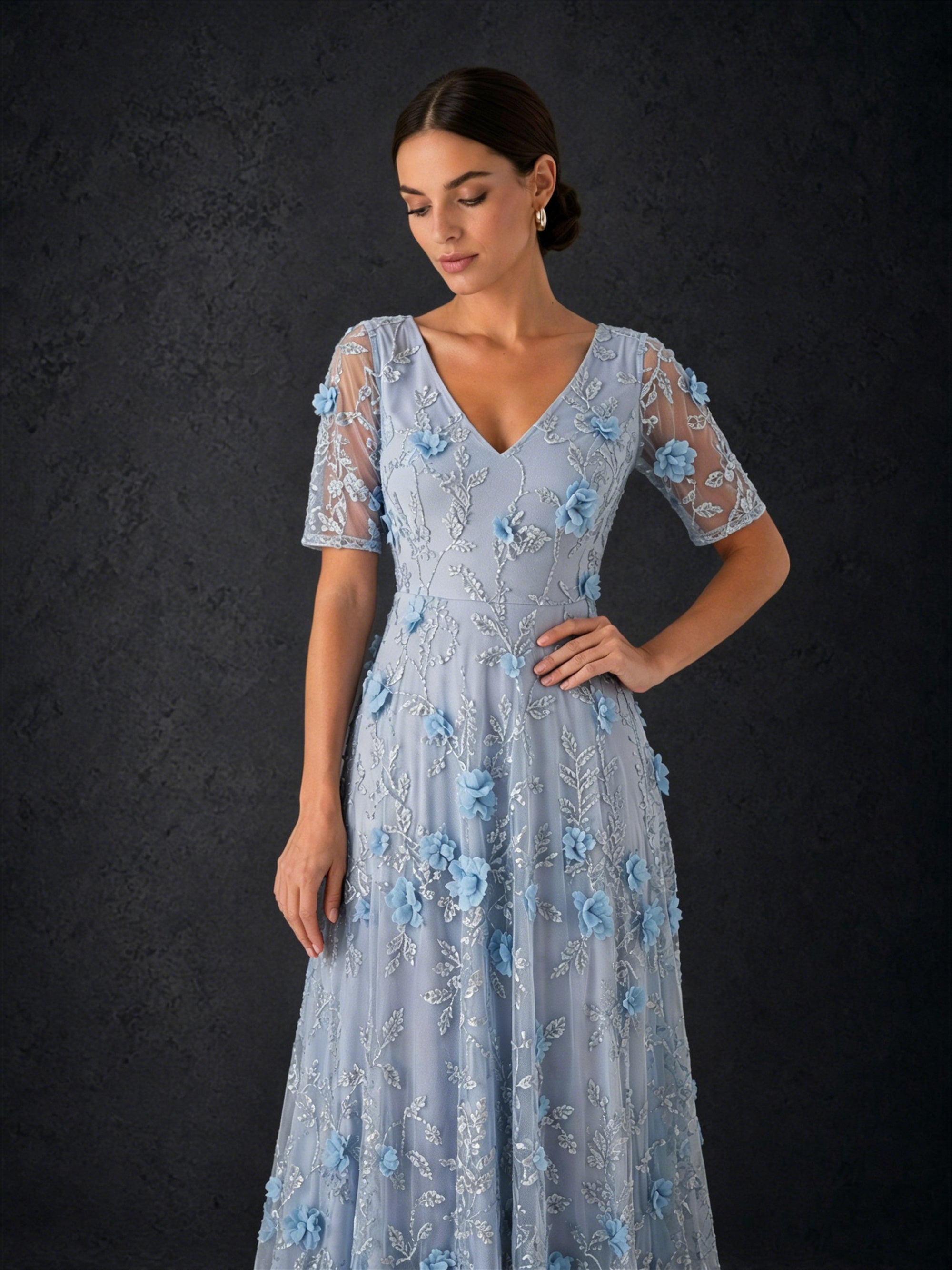 BOLODOO dusty blue 3D floral embroidered tulle maxi gown - back view showing V-back covered closure and sweep train