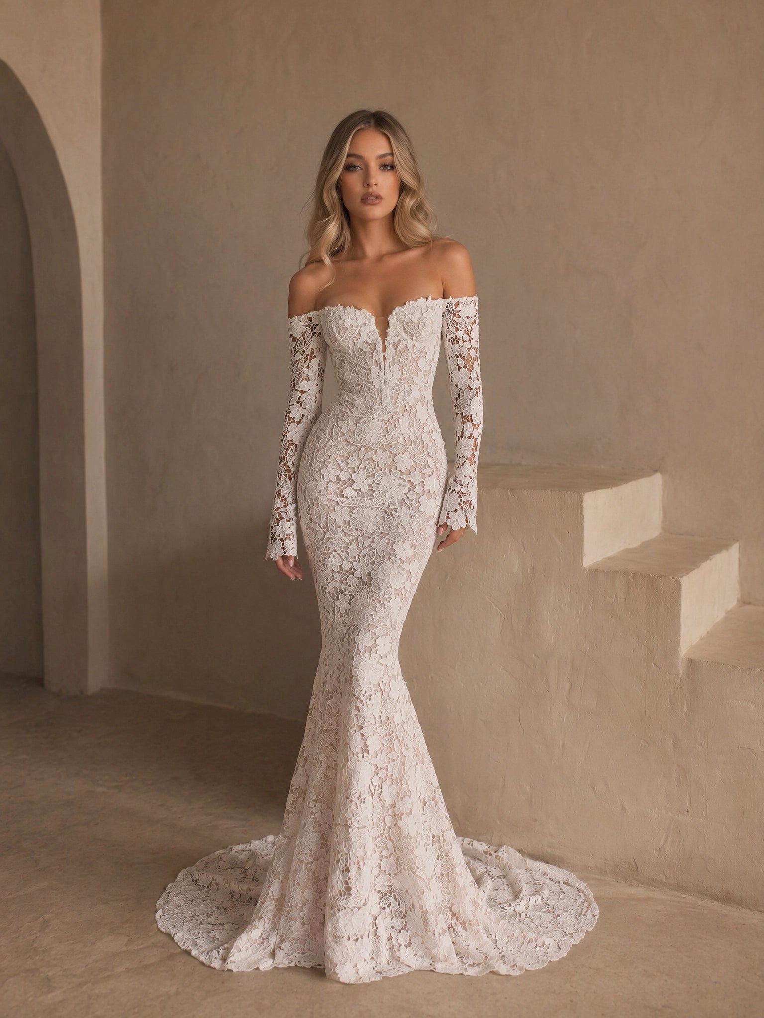 BOLODOO Ivory Off-Shoulder Long Sleeve All-Over Lace Mermaid Wedding Gown - full front view