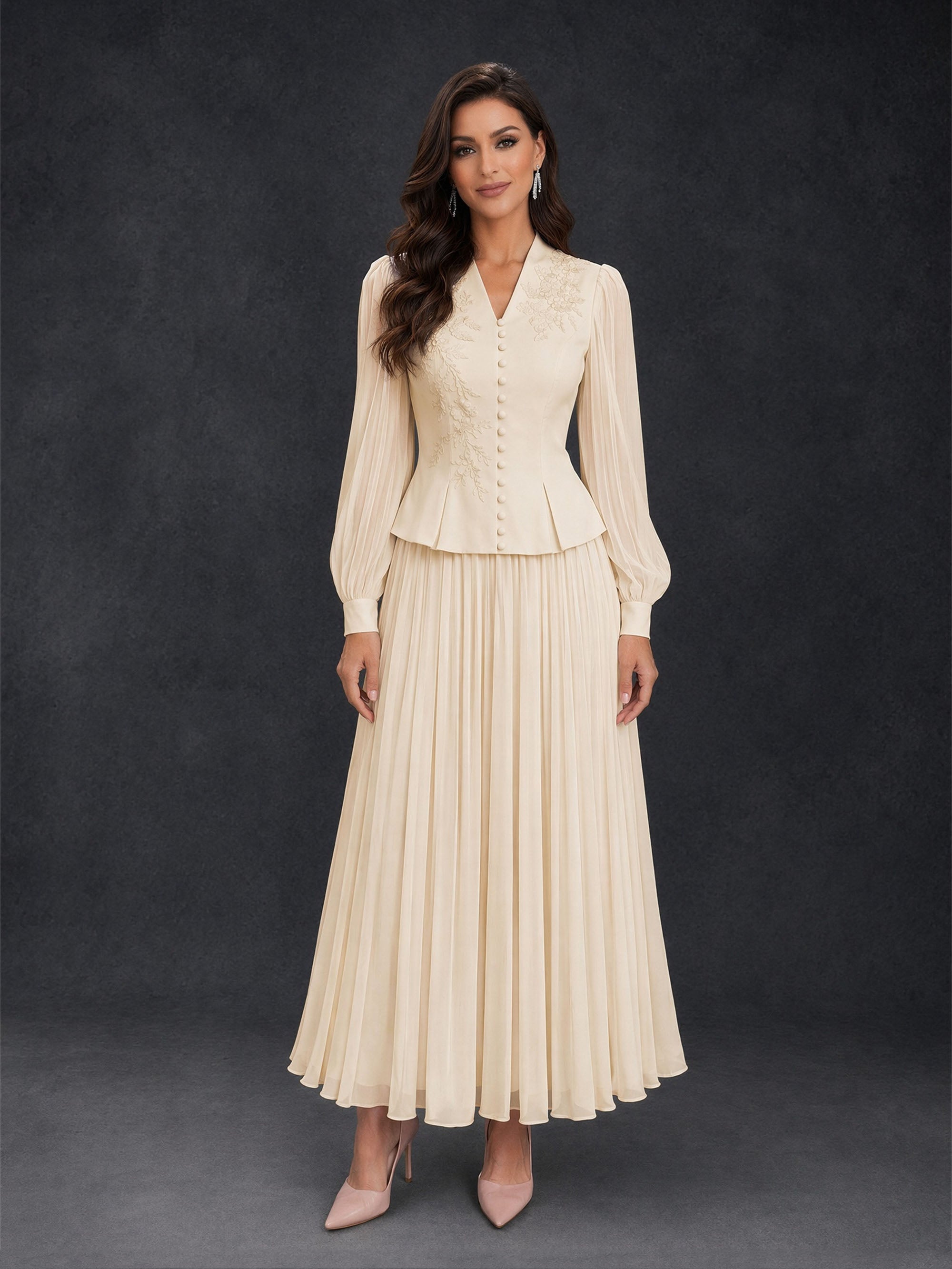 BOLODOO Champagne Ivory Lace Embroidered V-Neck Lantern Sleeve Peplum Pleated Maxi Dress - Front Full Length View