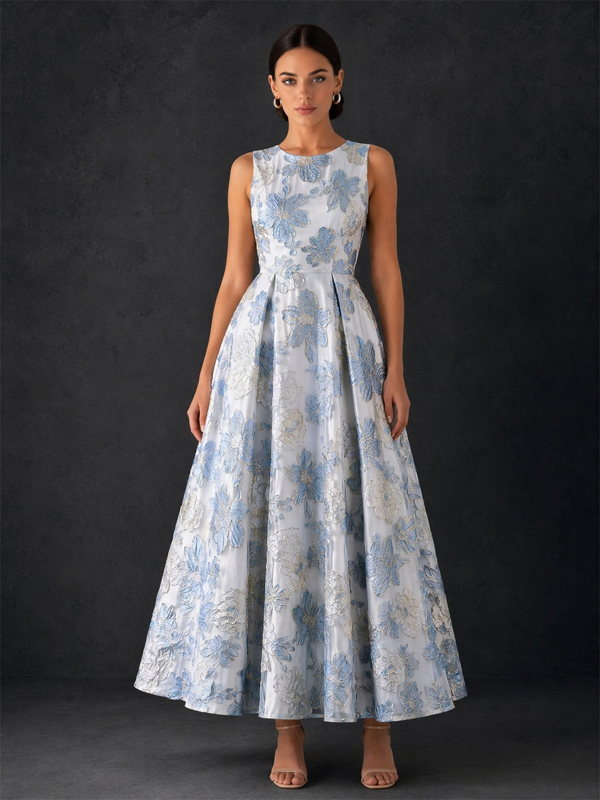 BOLODOO ice blue sleeveless floral jacquard midi dress - front view showing full A-line silhouette with silver blue brocade