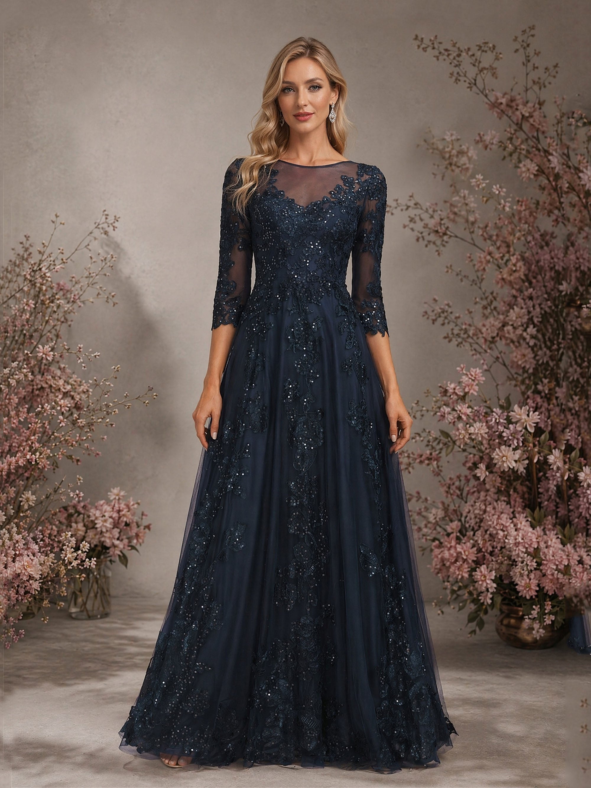 BOLODOO Navy Blue Sequin Lace Open Back Gown - Back View Showing V Open Back