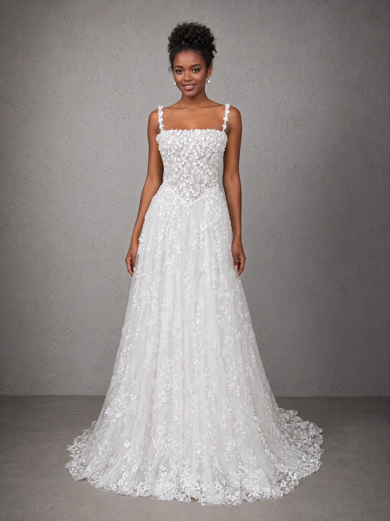 BOLODOO White Square Neck Floral Strap 3D Lace Corset A-Line Wedding Gown with Train