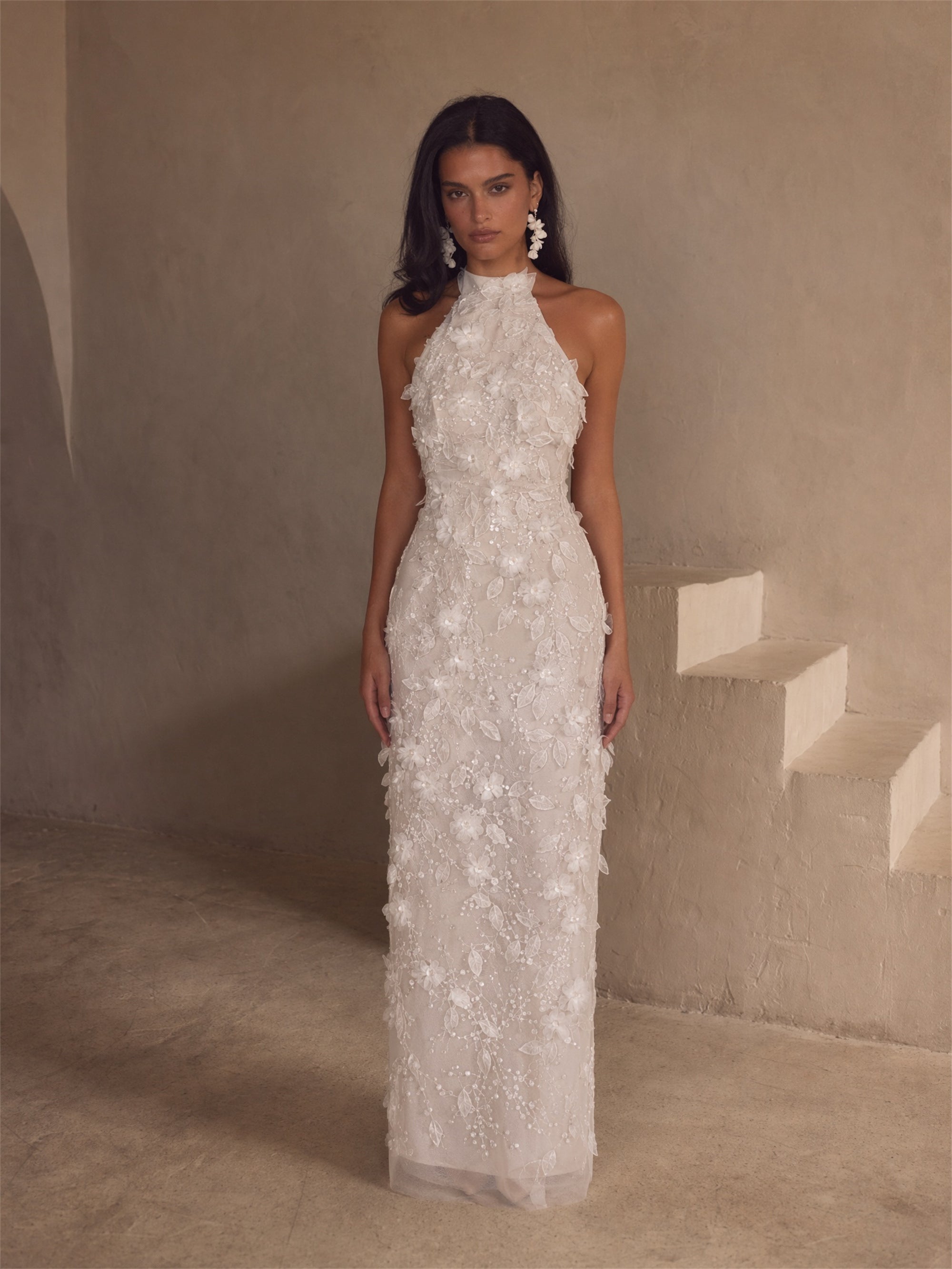 BOLODOO white 3D floral appliqué halter neck maxi dress - three-quarter front view showing full silhouette