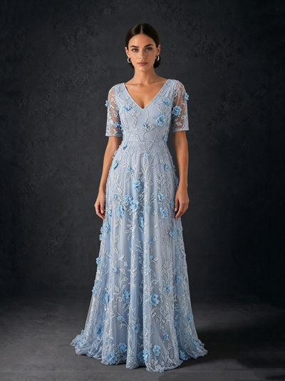 BOLODOO Dusty Blue 3D Floral Embroidered Tulle Maxi Gown – V-Neck Short Sleeve Mother of the Bride Dress