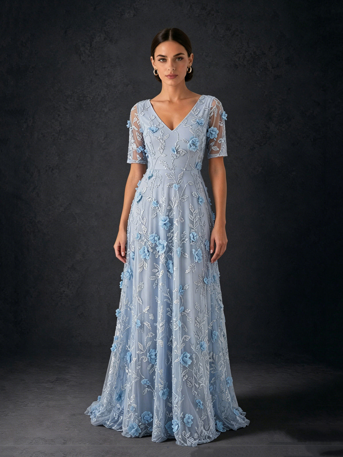 BOLODOO Dusty Blue 3D Floral Embroidered Tulle Maxi Gown – V-Neck Short Sleeve Mother of the Bride Dress