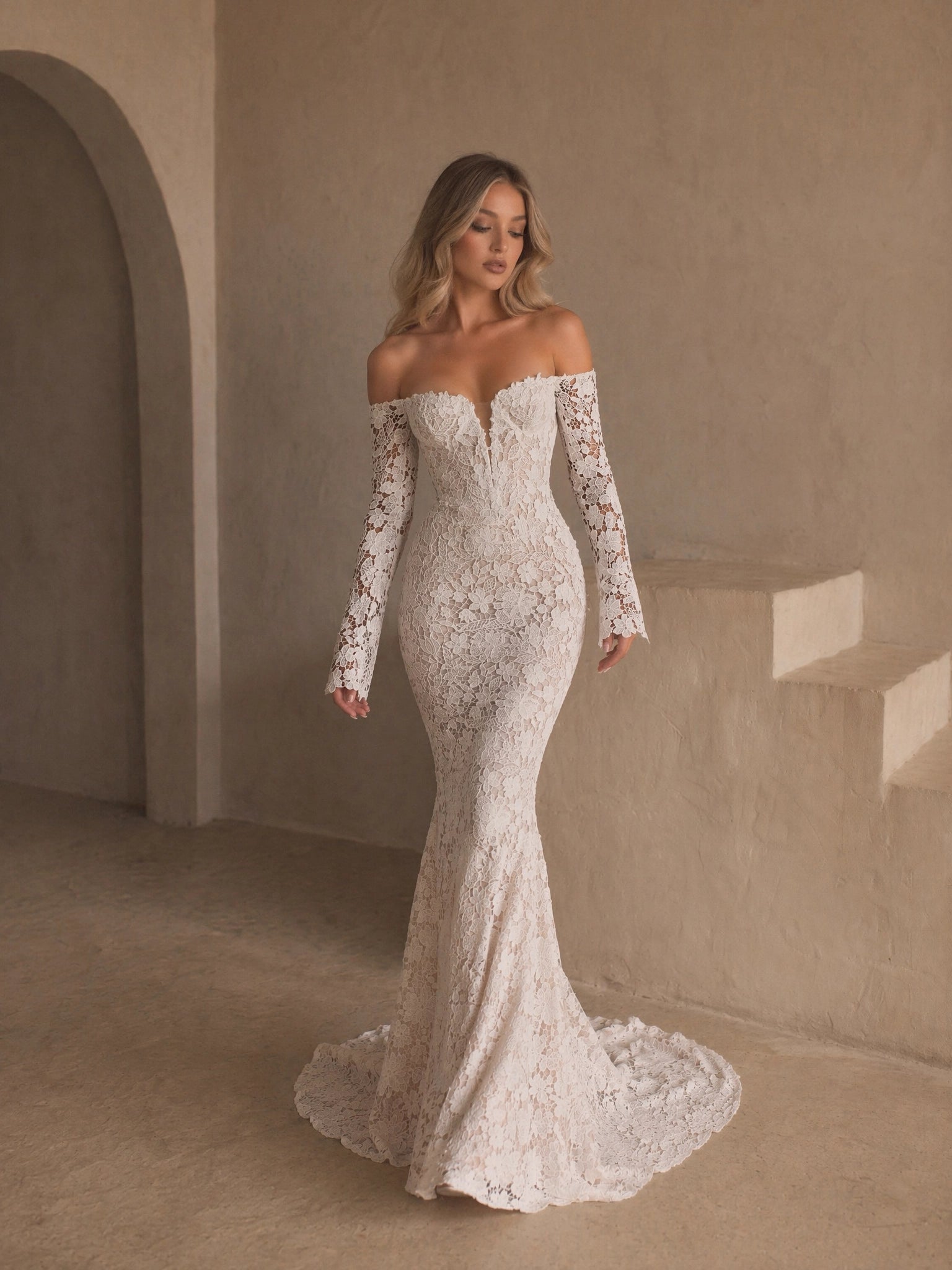 BOLODOO Ivory Off-Shoulder Long Sleeve All-Over Lace Mermaid Wedding Gown - front view 2 with train