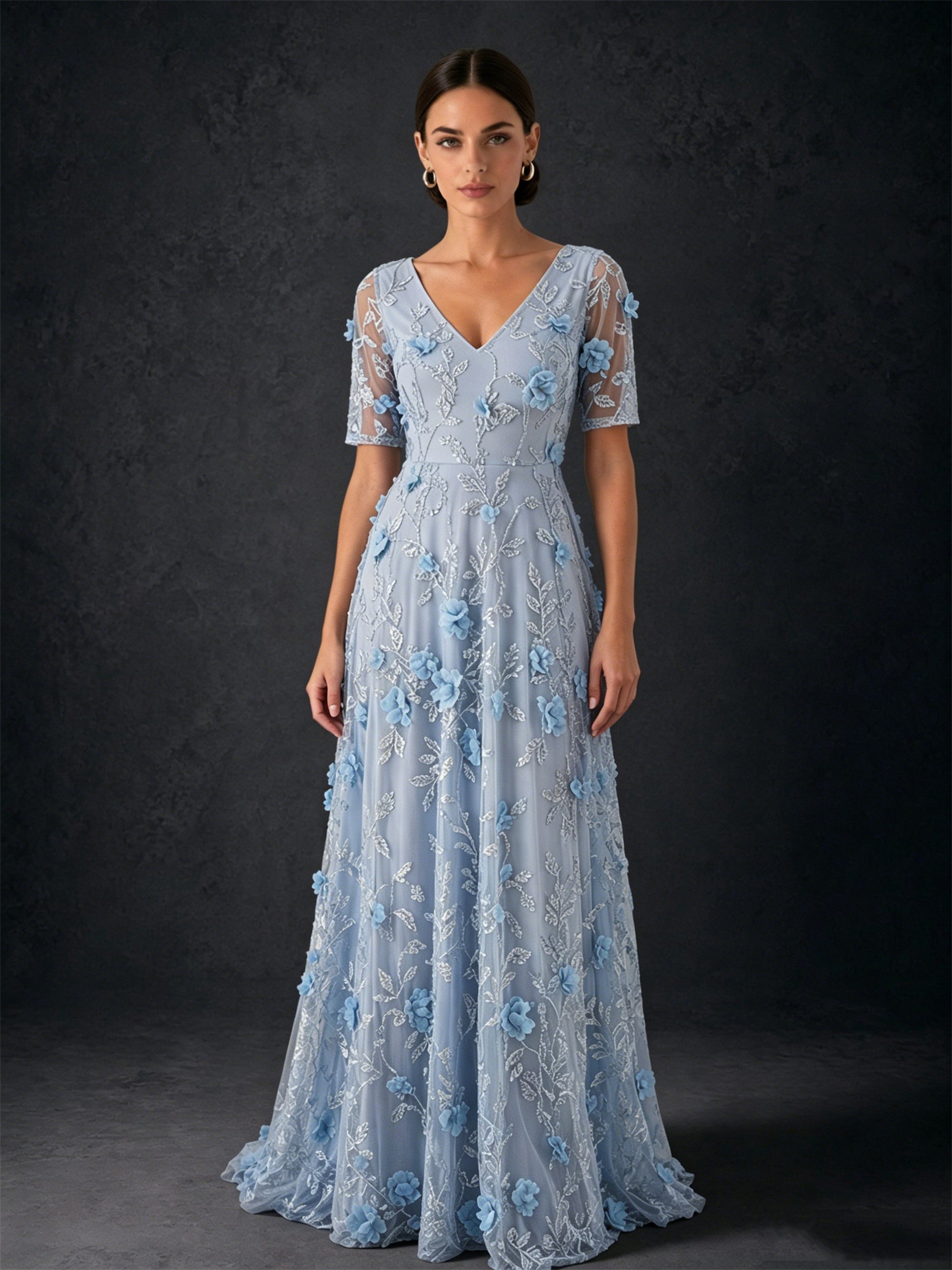 BOLODOO dusty blue 3D floral embroidered tulle maxi gown - front full length direct gaze showing V-neckline and full skirt