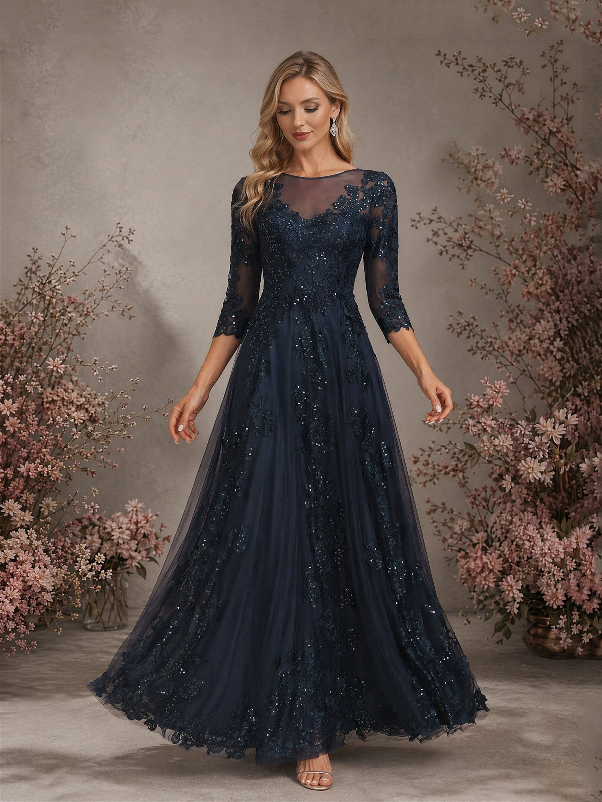 BOLODOO Navy Blue Sequin Lace Open Back Gown - Front Full Length View