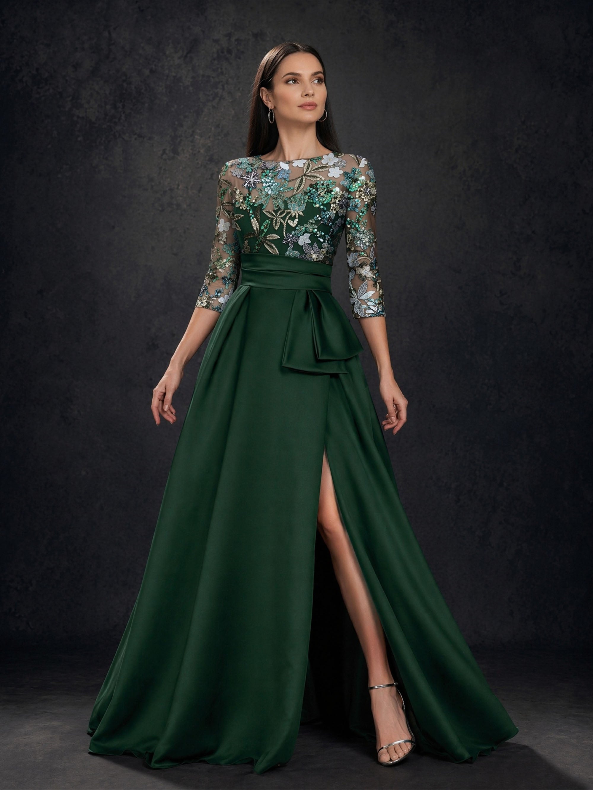 BOLODOO Emerald Green Sequin Illusion Bodice Satin A-Line Gown – Front View Showing Slit Detail
