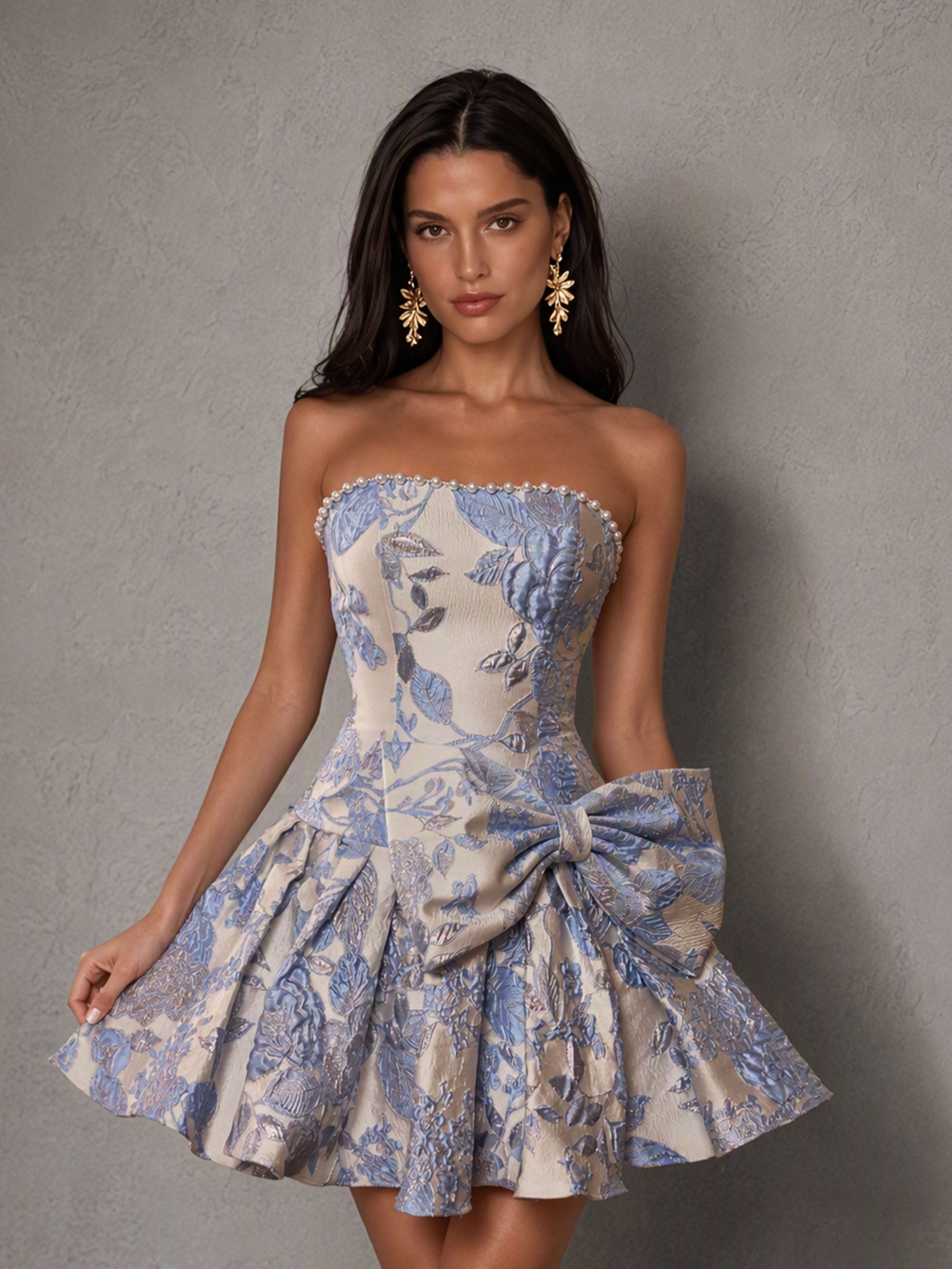 BOLODOO BD0521 Blue Floral Jacquard Strapless Corset Mini Dress - Side view showing full A-line bubble skirt silhouette and oversized bow