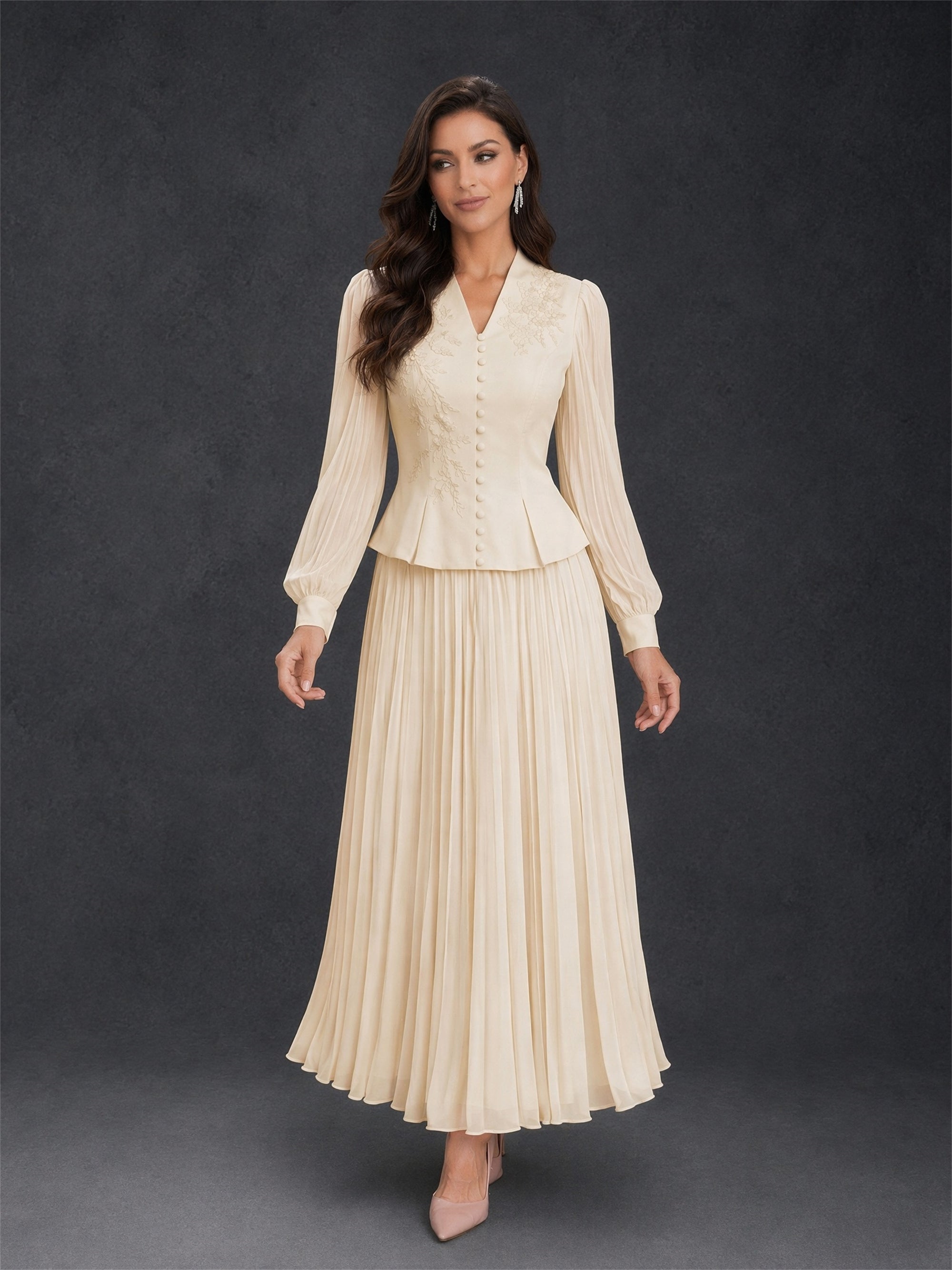 BOLODOO Champagne Ivory Lace Embroidered V-Neck Lantern Sleeve Peplum Pleated Maxi Dress - Front View with Flowing Skirt