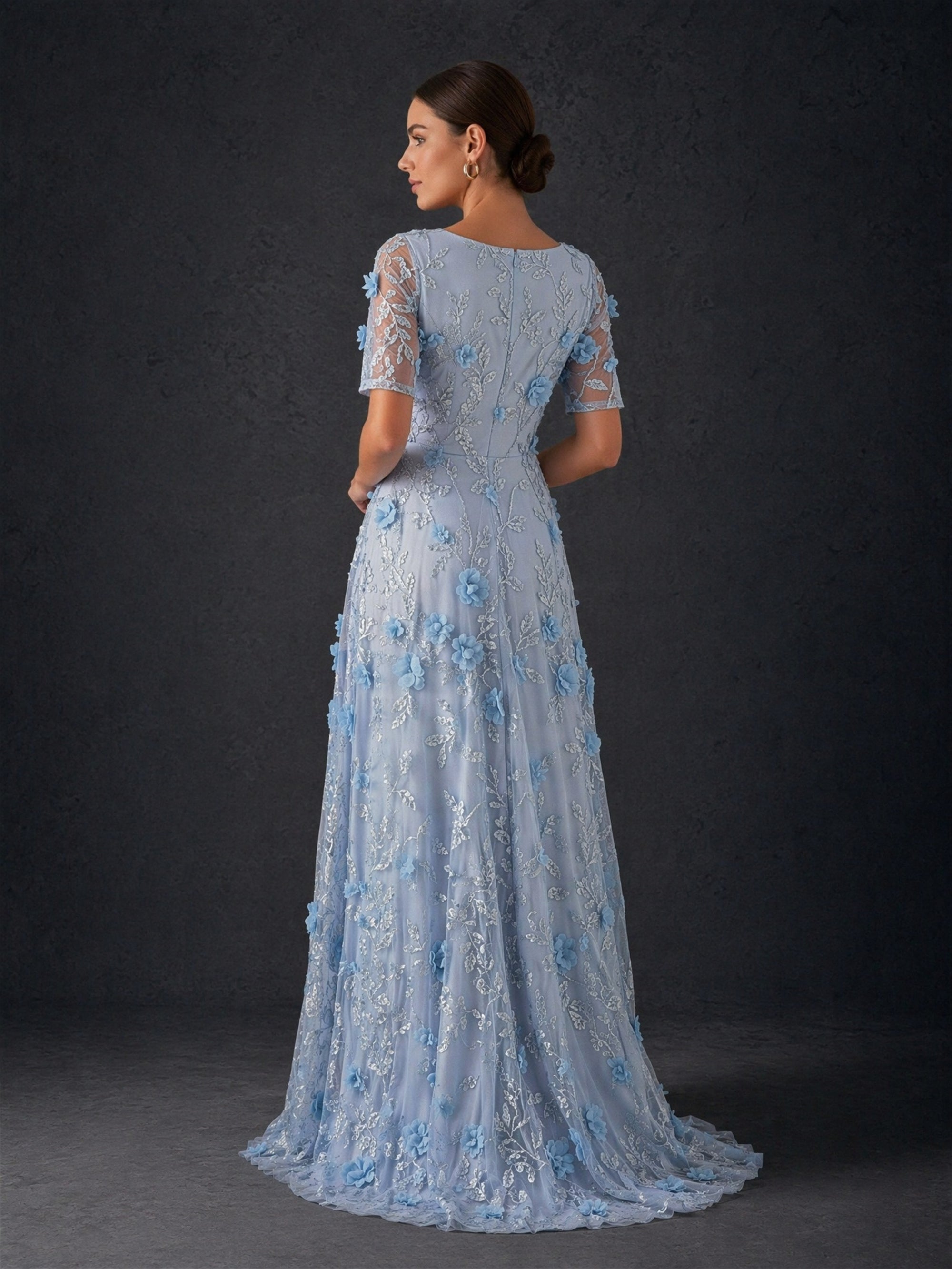 BOLODOO dusty blue 3D floral embroidered tulle maxi gown - front upper body close-up looking down showing 3D floral and sequin embroidery detail