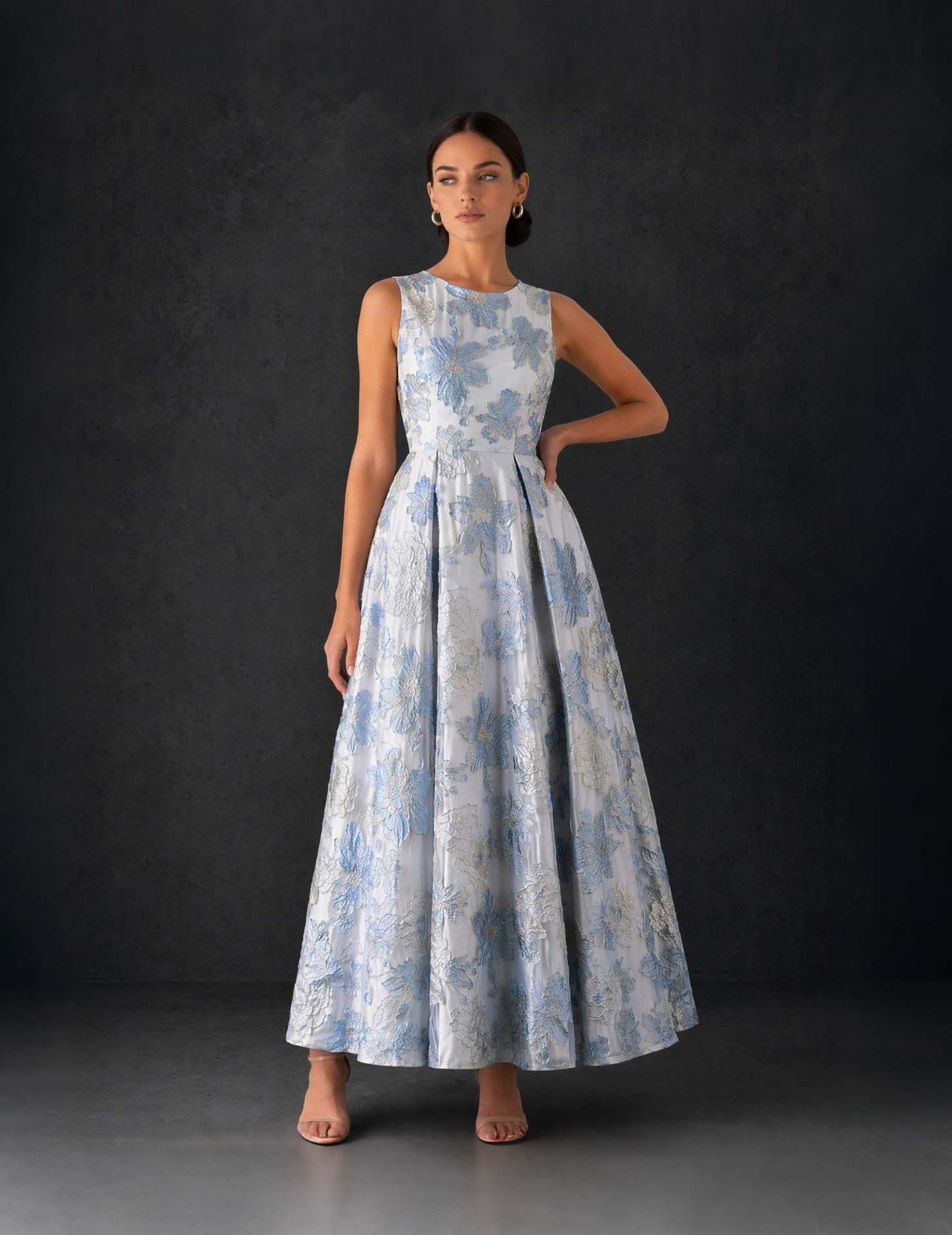 BOLODOO ice blue floral brocade midi dress - front view showing box pleat skirt and jewel neckline detail