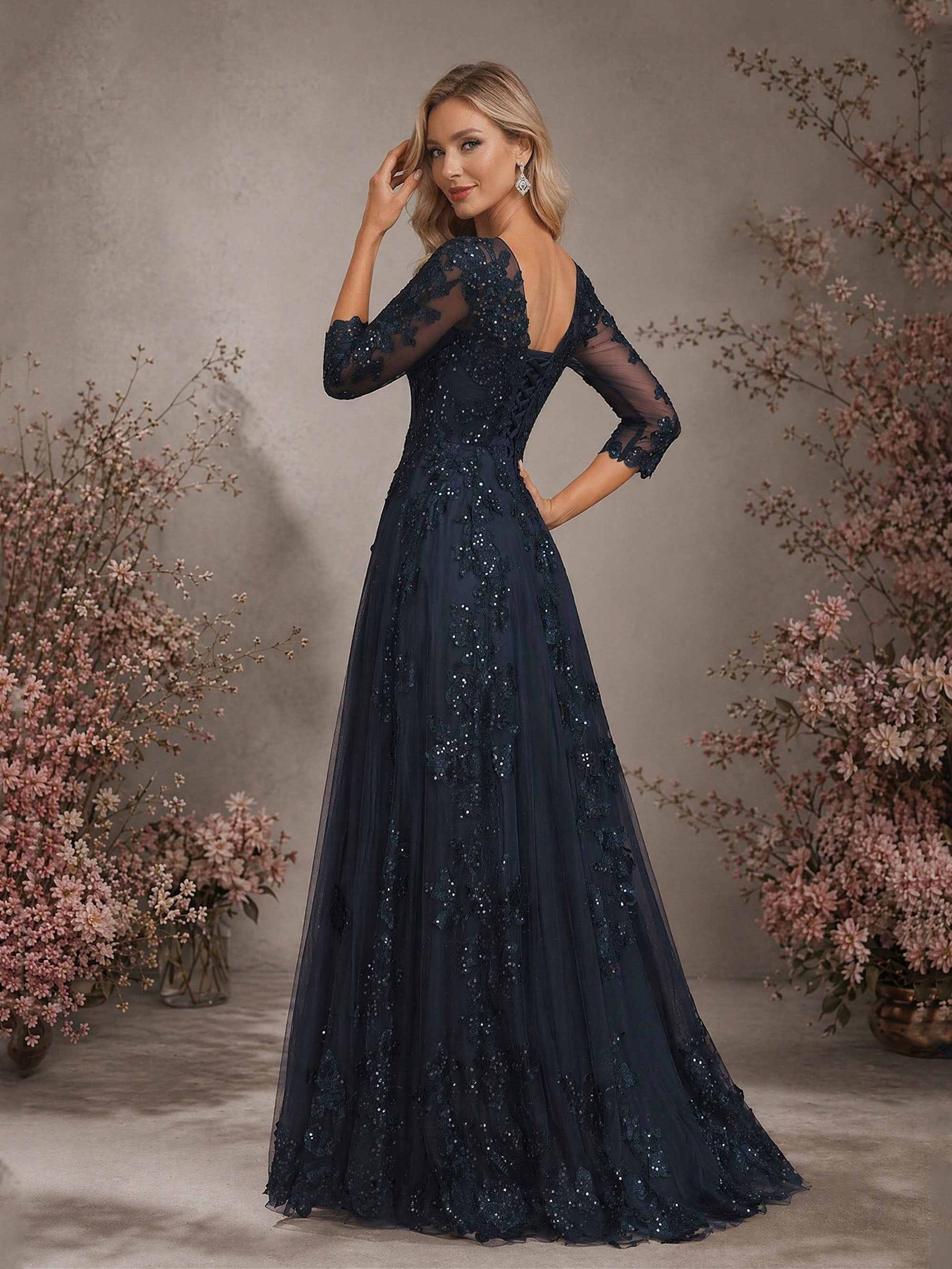 BOLODOO Navy Blue Sequin Lace Open Back Gown - Front View Smiling