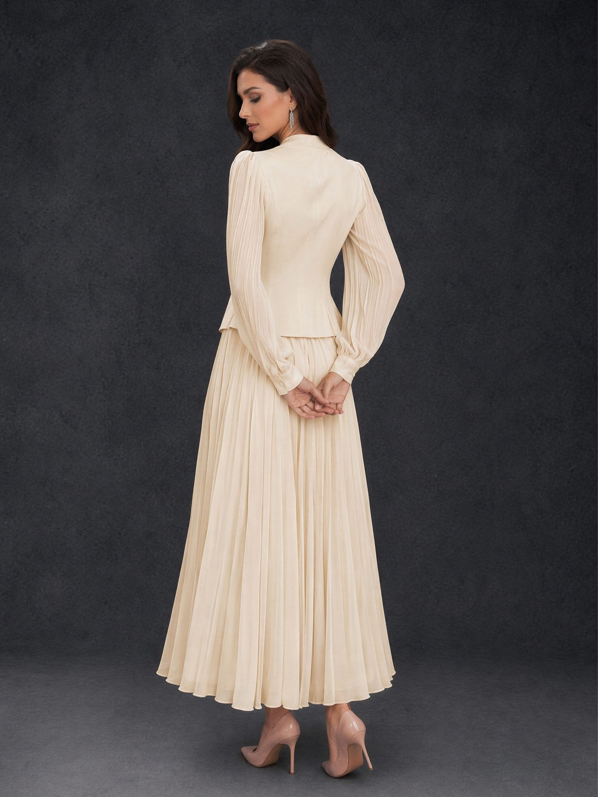 BOLODOO Champagne Ivory Lace Embroidered V-Neck Lantern Sleeve Peplum Pleated Maxi Dress - Front Three Quarter View