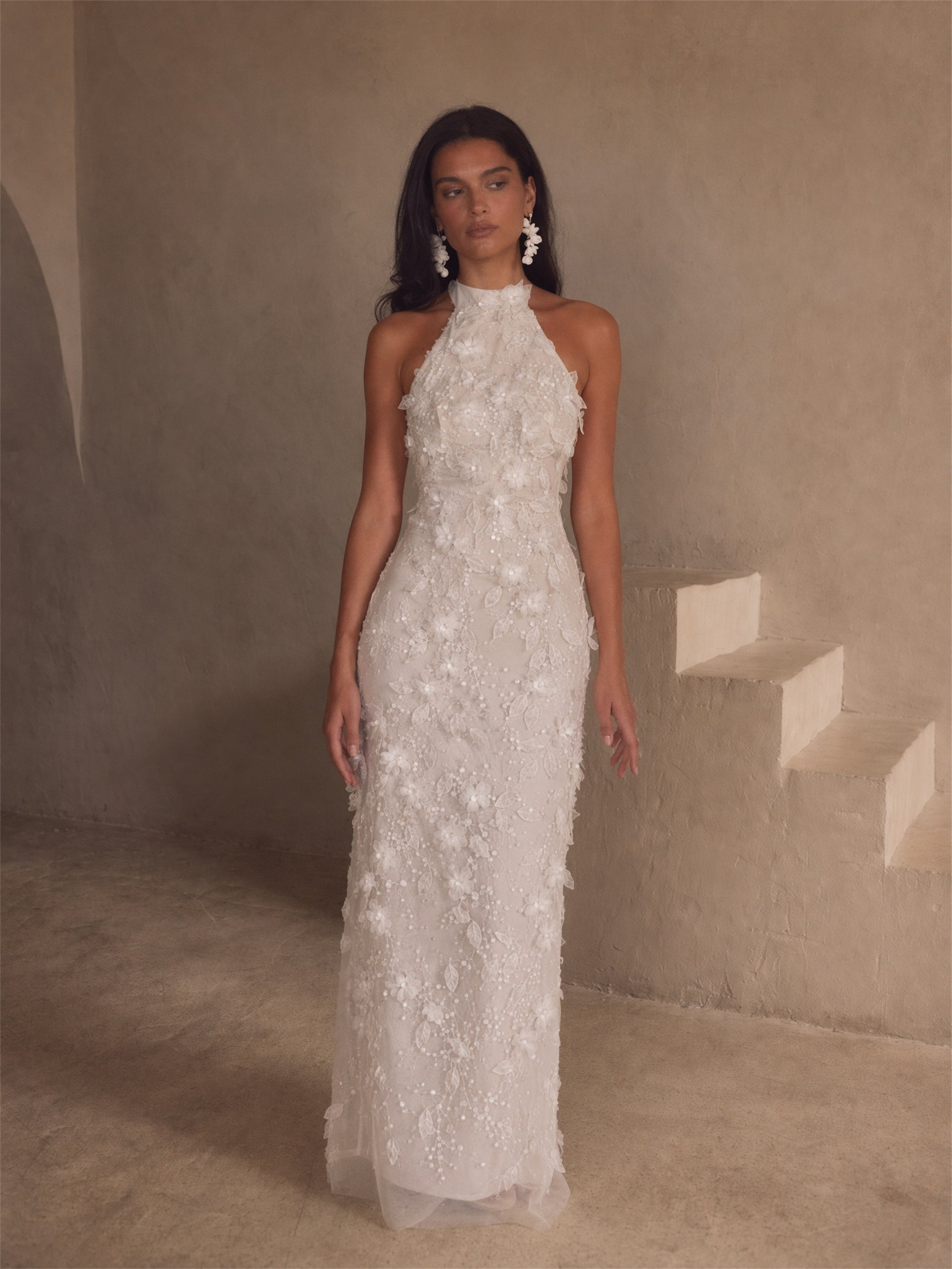 BOLODOO white 3D floral appliqué halter neck maxi dress - full length front view