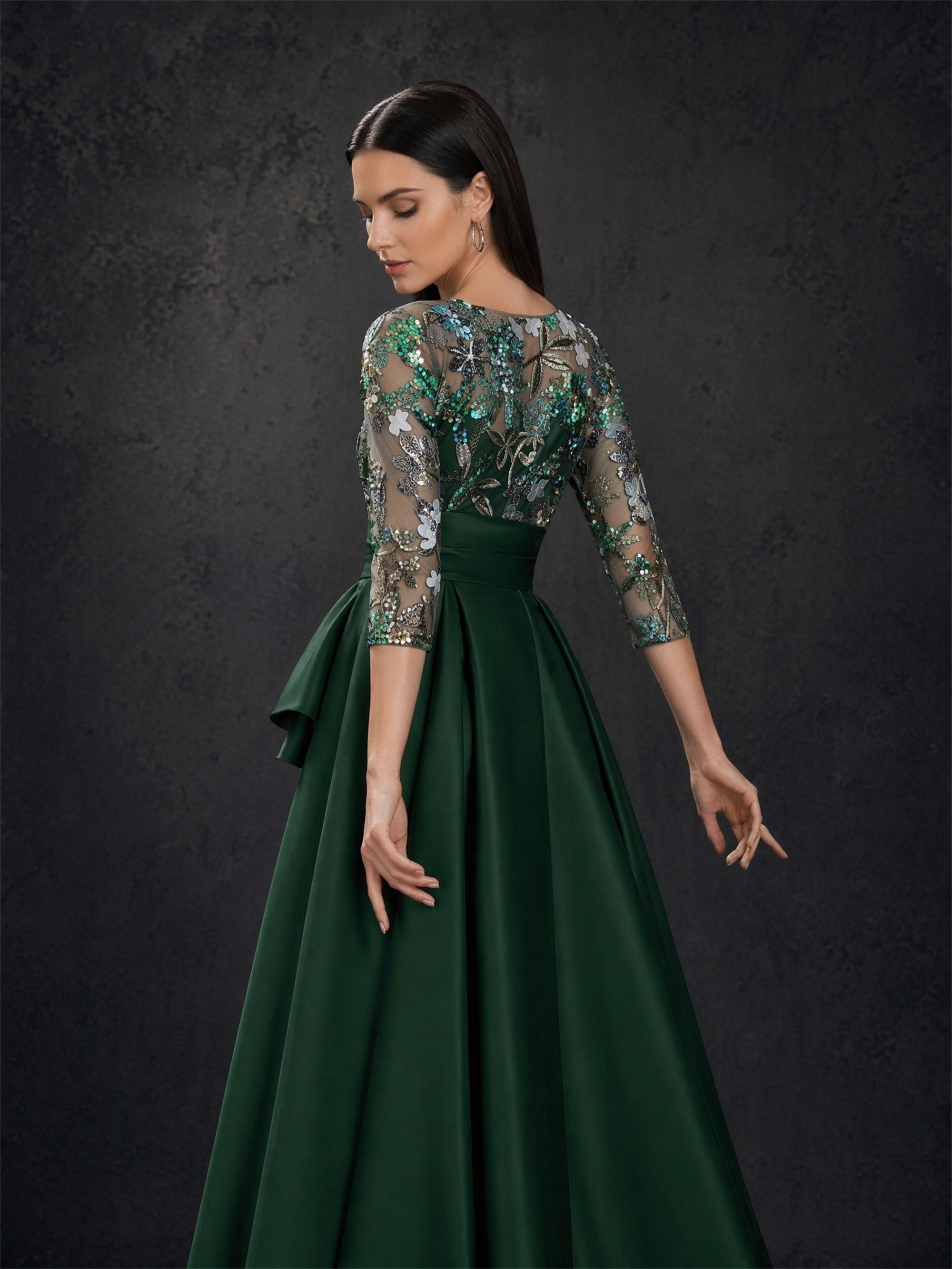 BOLODOO Emerald Green Sequin Illusion Bodice Satin A-Line Gown – Three-Quarter Back View Showing Bow Belt