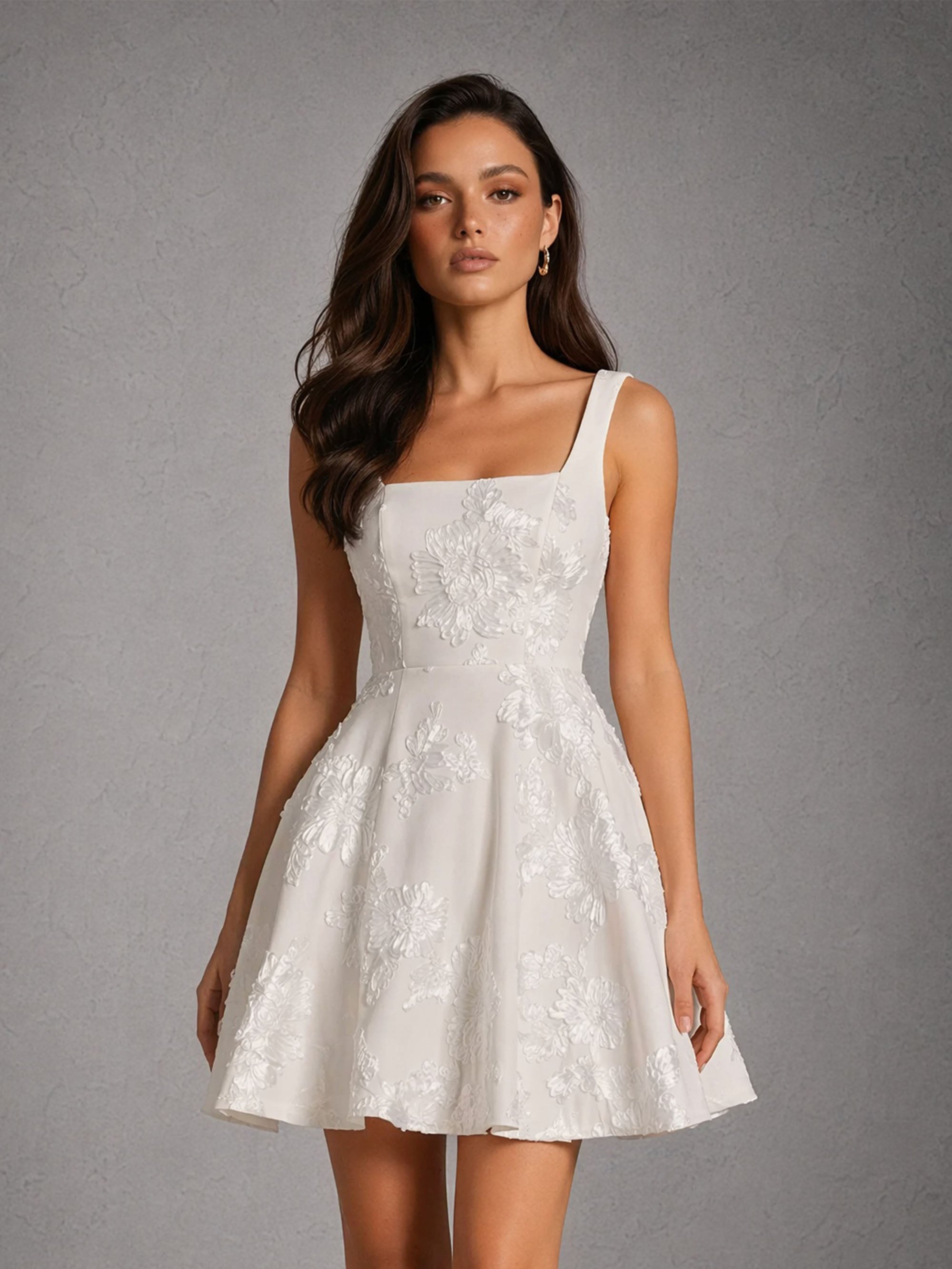 BOLODOO Pearl White Iridescent Floral Embroidered Square Neck A-Line Mini Dress - Front Upper Body Detail Close Up