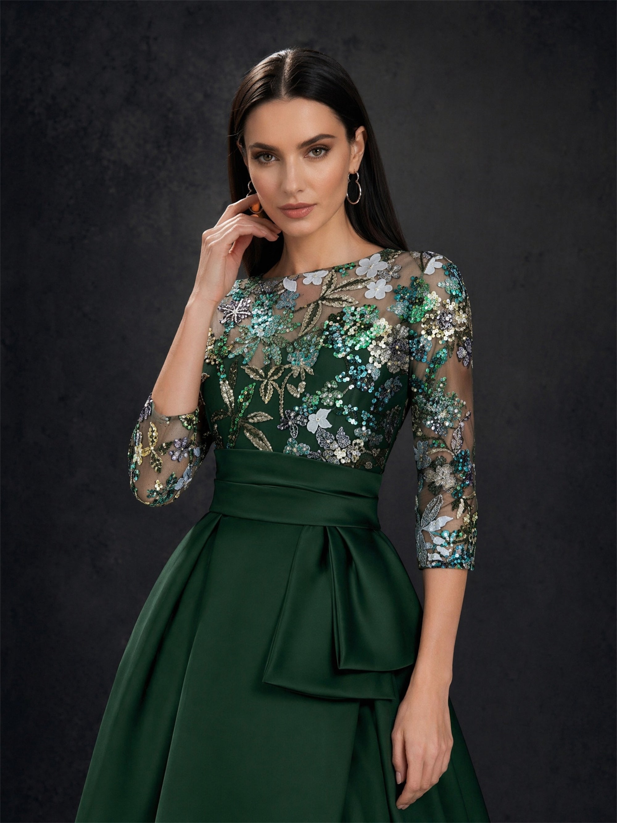 BOLODOO Emerald Green Sequin Illusion Bodice Satin A-Line Gown – Upper Body Sequin Embroidery Close-Up