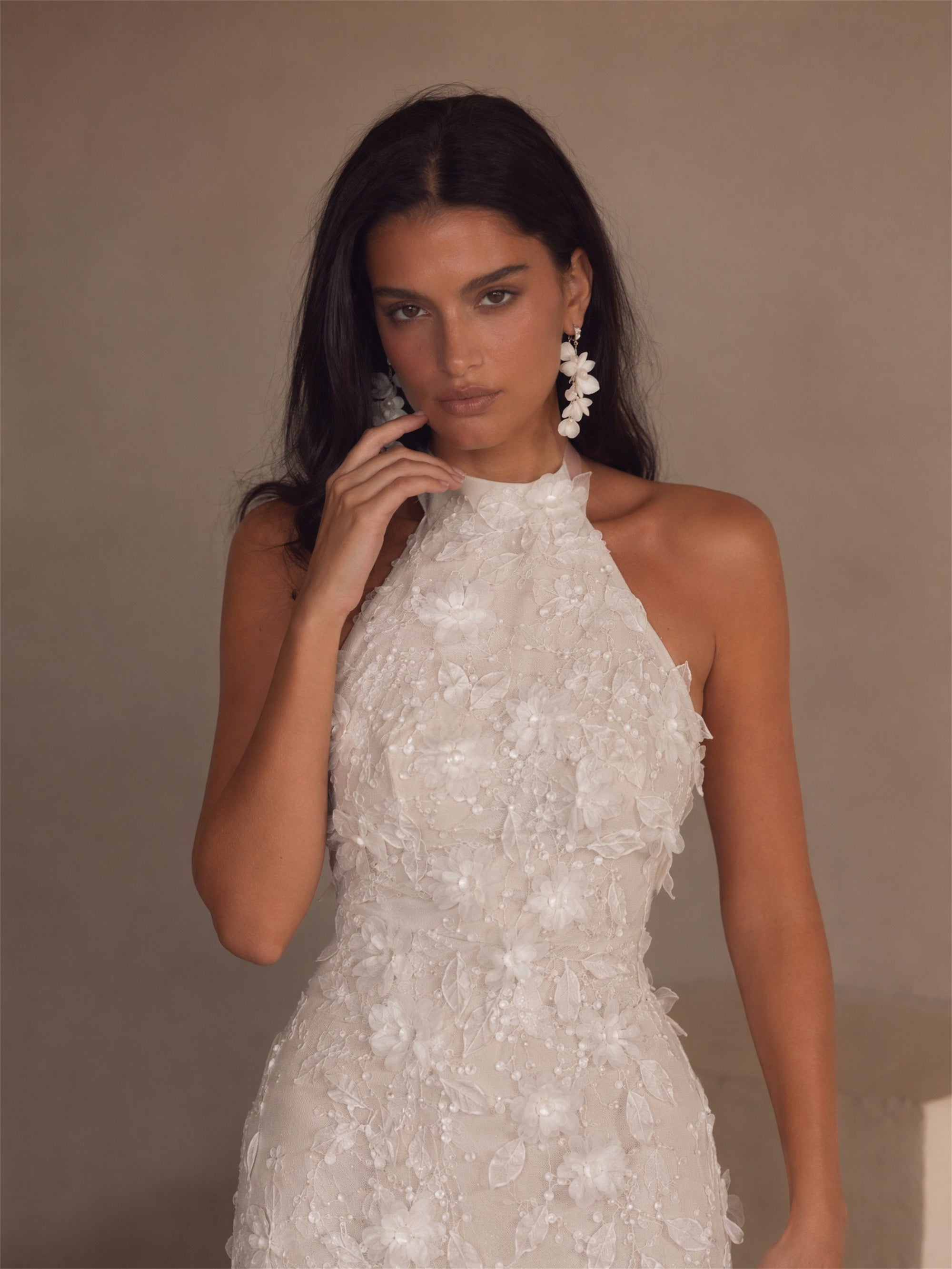 BOLODOO white 3D floral appliqué halter neck maxi dress - full length front view relaxed pose