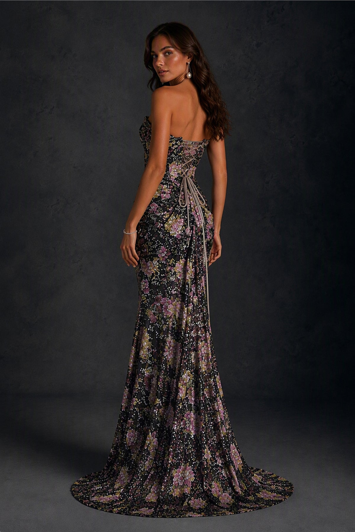 BOLODOO Black Lilac 3D Floral Sequin Strapless Mermaid Evening Gown with Sweep Train 