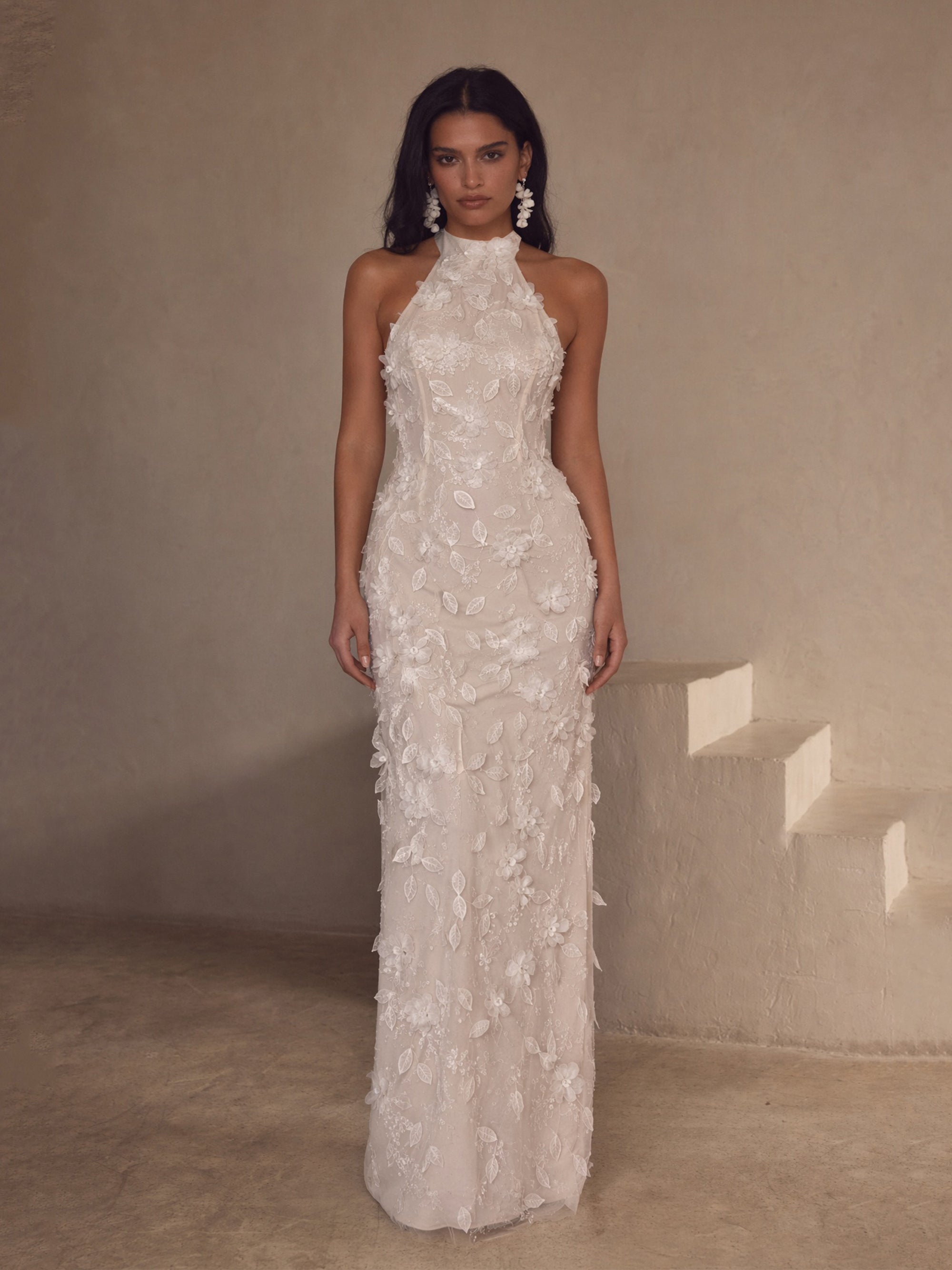 BOLODOO white 3D floral appliqué halter neck maxi dress - close up bodice and neckline detail