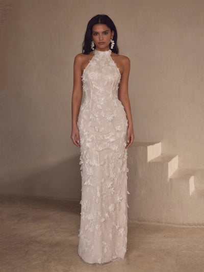BOLODOO white 3D floral appliqué halter neck maxi dress - close up bodice and neckline detail