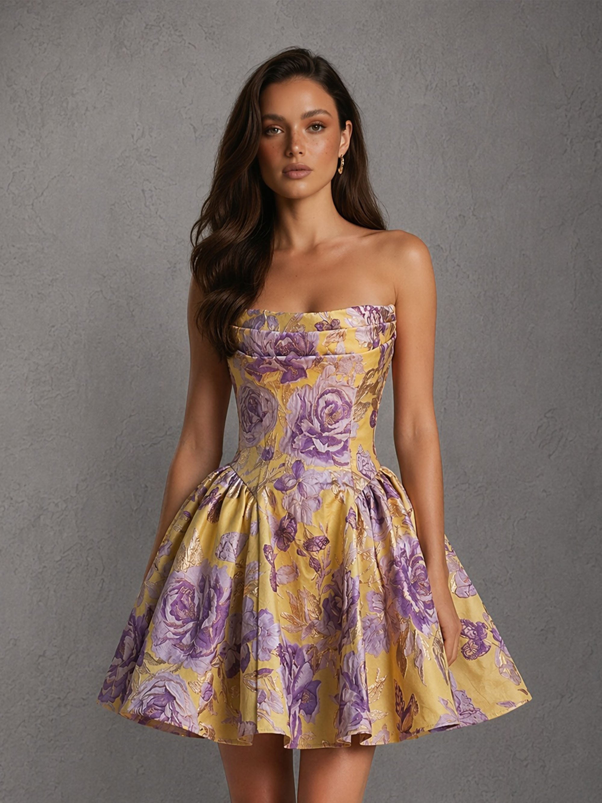 BOLODOO Gold Purple Rose Jacquard Strapless Boned Corset A-Line Mini Dress - Front Full Length Looking Down View