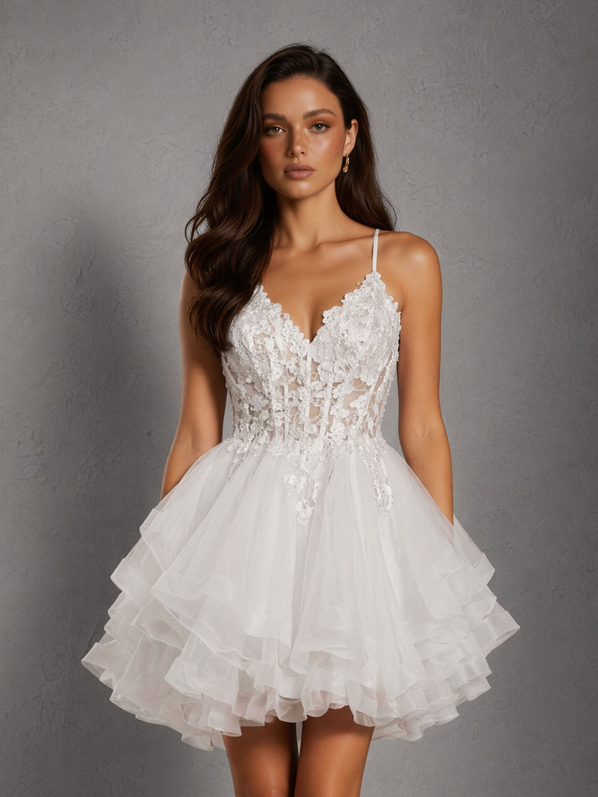 BOLODOO Ivory 3D Floral Lace Corset Deep V Spaghetti Strap Tiered Tulle Mini Dress - Front Full Length Confident Pose