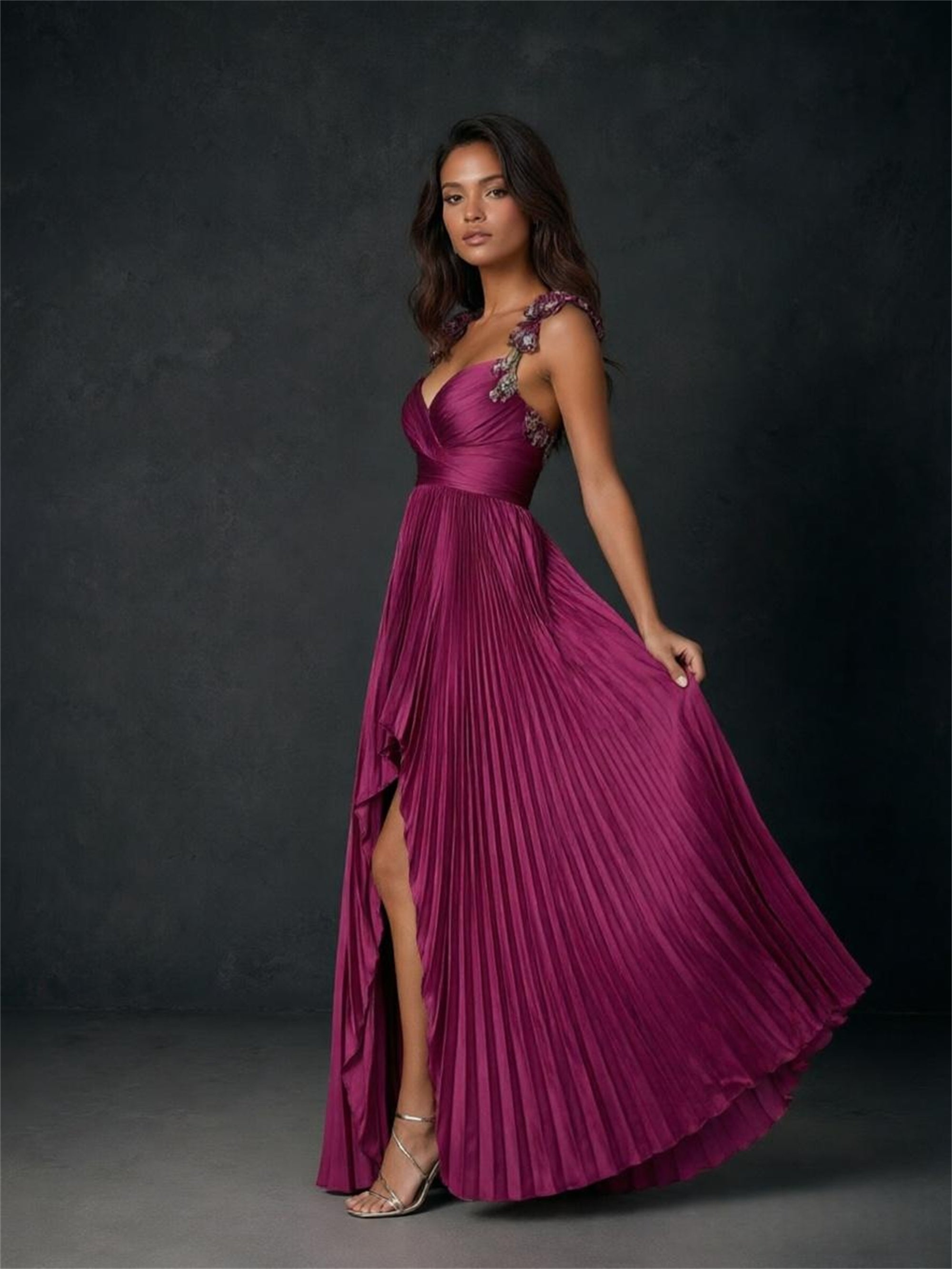 BOLODOO magenta pleated chiffon 3D rose strap gown - back view showing open V-back and 3D rose embellished straps with floor-length pleated skirt