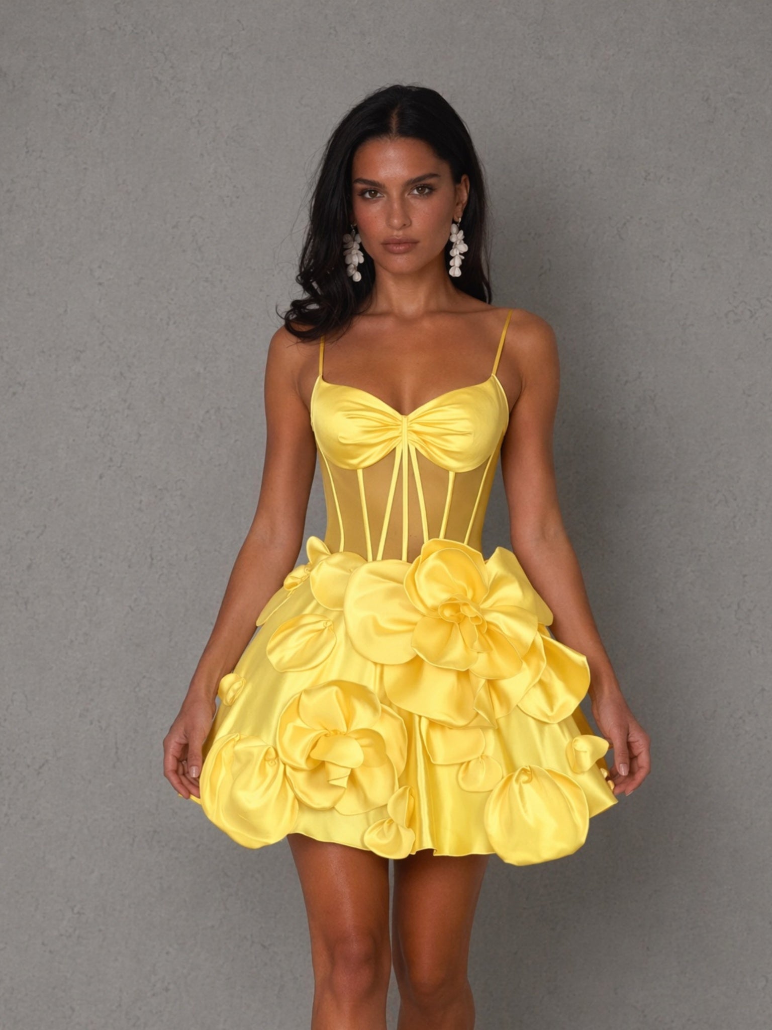 BOLODOO yellow 3D floral satin corset mini dress - front upper body close-up showing sweetheart neckline and corset boning detail